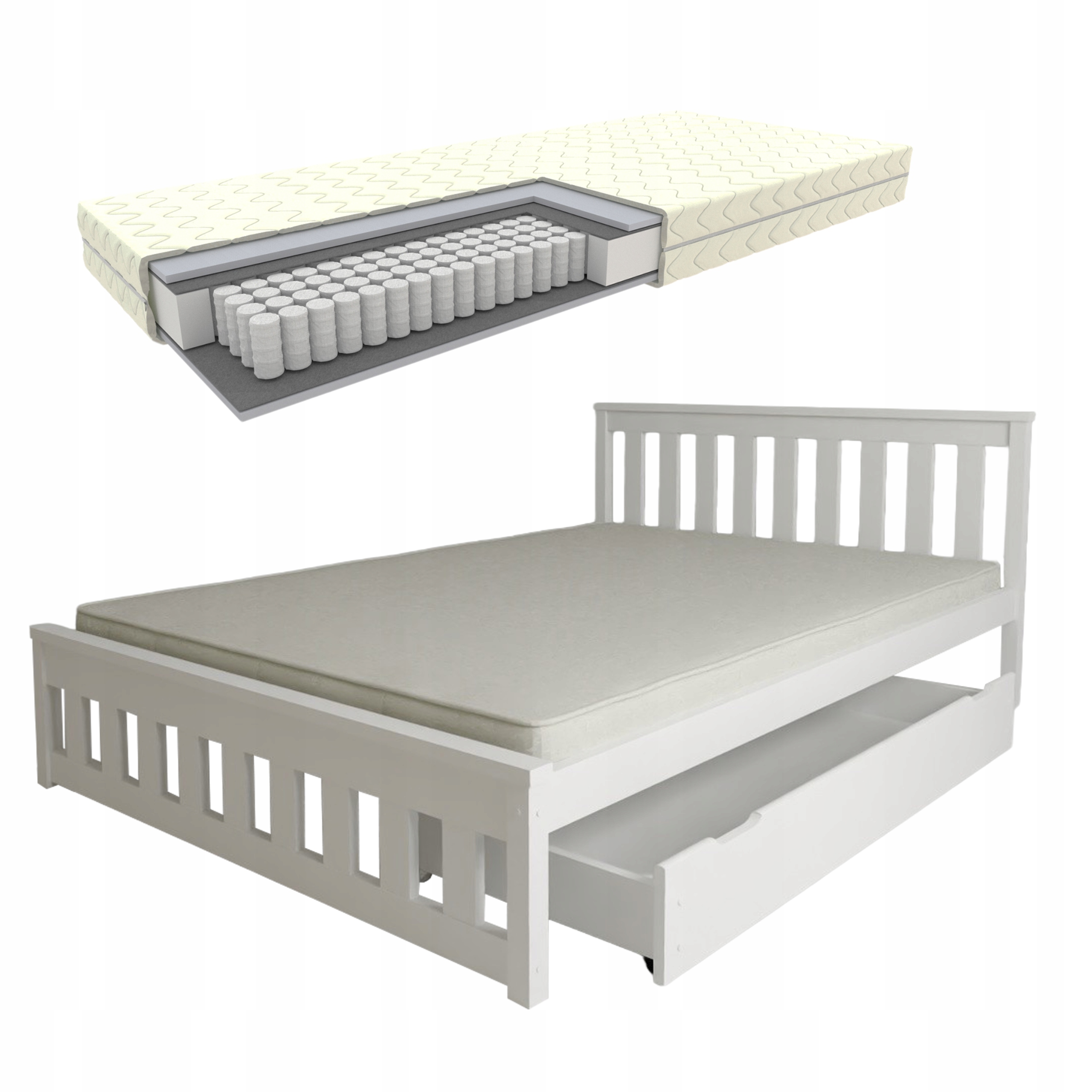 Dřevěná Postel Ada 140x200 Bílá+šuplík+taštičková Matrace Rošt