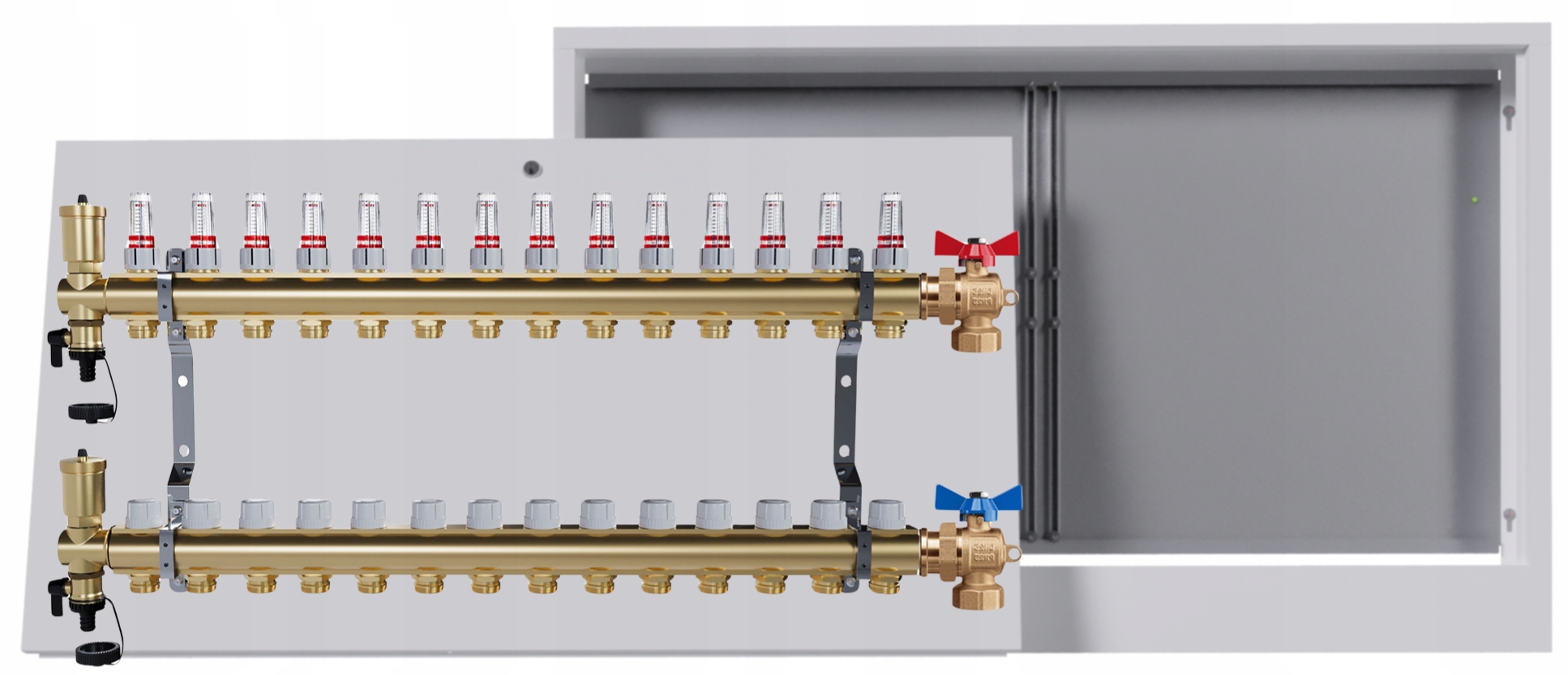 Mosazný rozdělovač podlahy 14 okruhů nástěnná skříňka Kulový Kohout