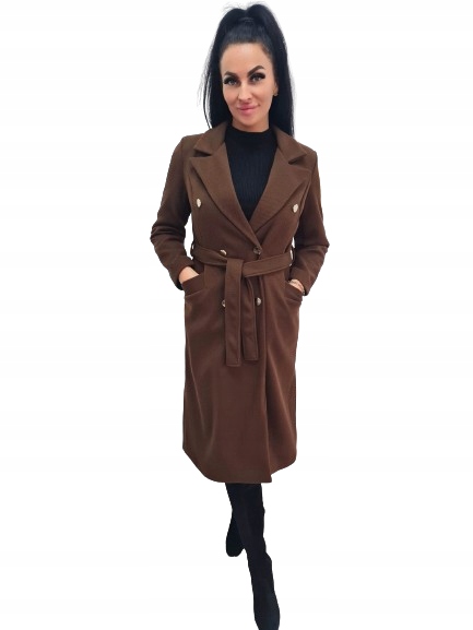Jesienny Płaszcz Bellissima Z Paskiem I Złotymi Guzikami Czekolada XL