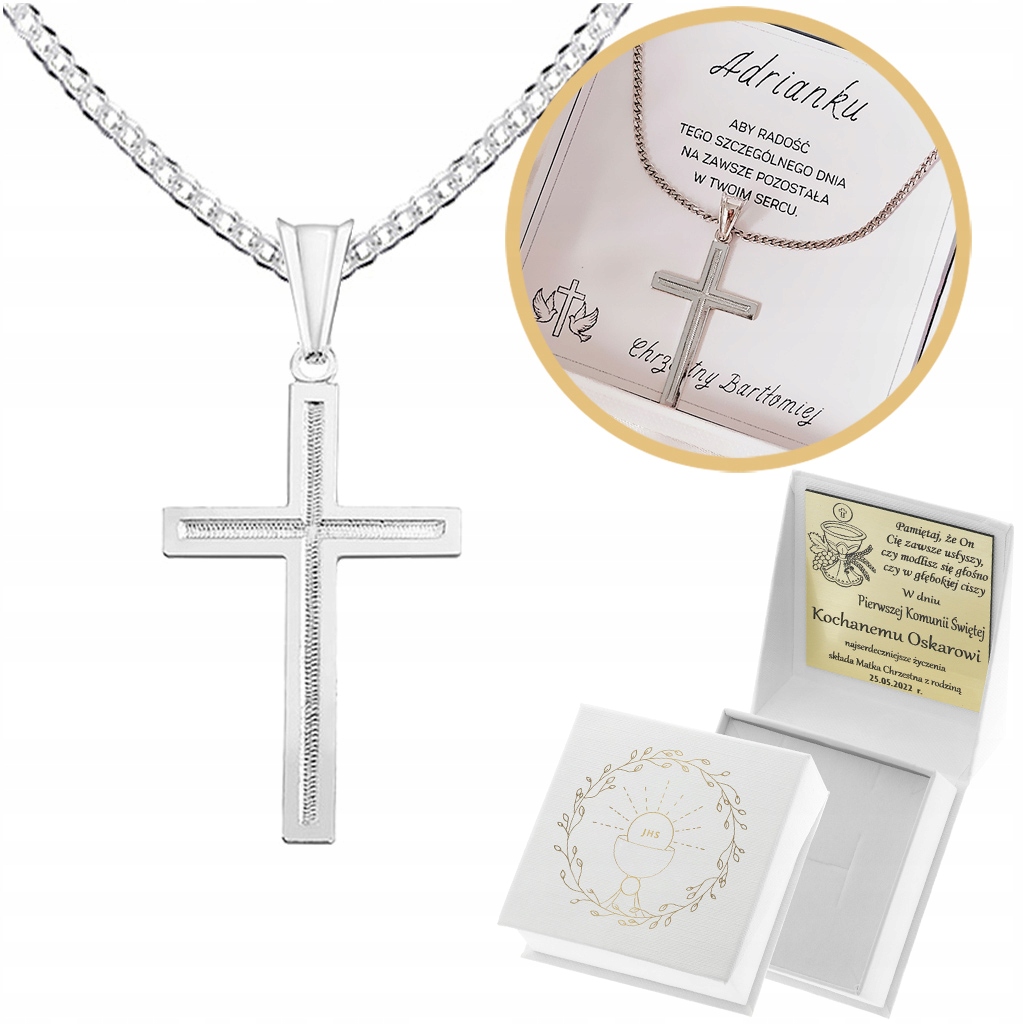 Pamiątka Komunii Świętej Srebrny krzyżyk zdobiony z łańcuszkiem srebro 925