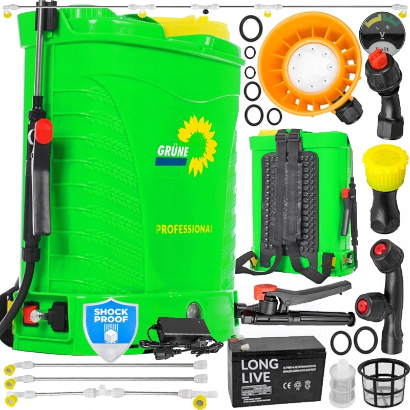 OPRYSKIWACZ AKUMULATOROWY ELEKTRYCZNY PLECAKOWY CIŚNIENIOWY GRUNE 16L DYSZE