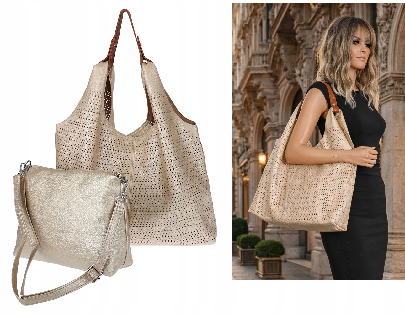 Torebka Damska shopper worek 2w1 listonoszka pojemna Ażurowa D1901 Złota