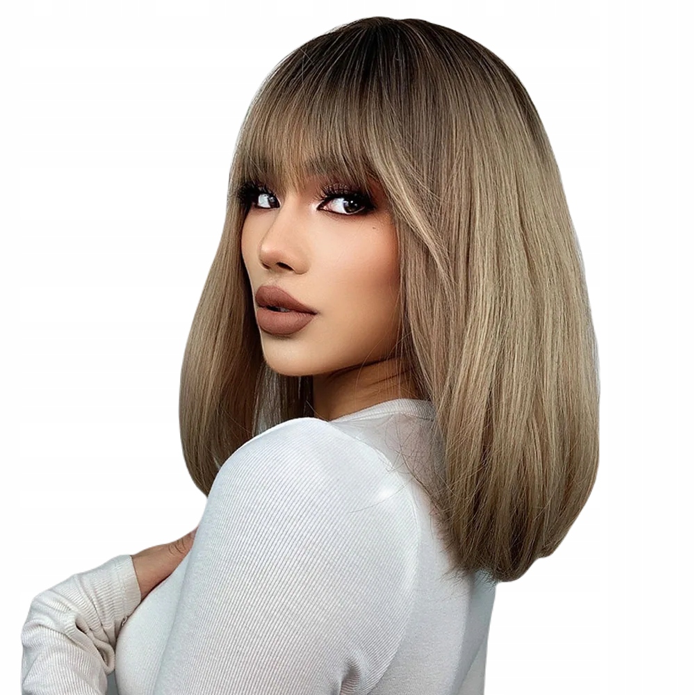 Dámská paruka ombre blond s ofinou, jednoduchá, delší, syntetická, polodlouhá