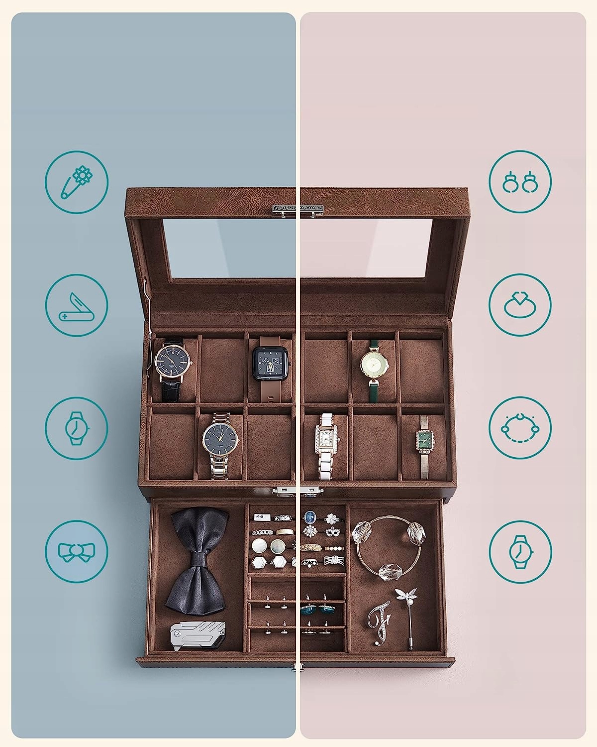 ETUI NA ZEGARKI ORGANIZER SZKATUŁKA SZUFLADA 12szt Kolor brązowy