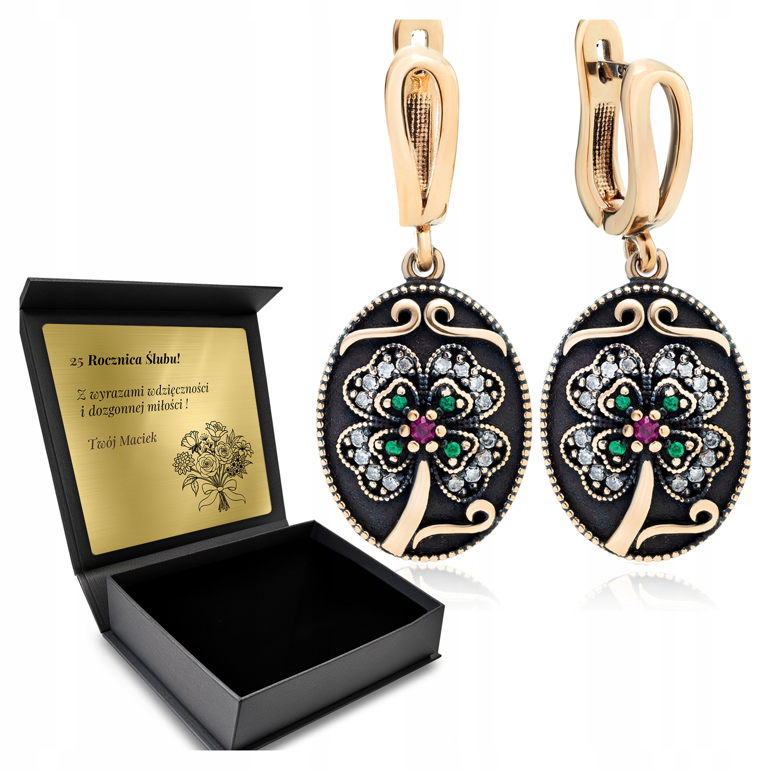 Stříbrné Náušnice 925 Zirkony Dárek pro ženu Jetel Gravírování Bonus