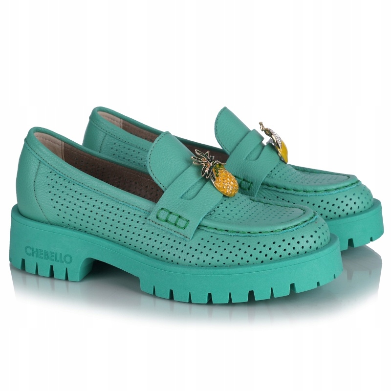 Dámské mokasíny CheBello 4628-529-000-PSK-S173 ažurové zelené Kůže VEL.38