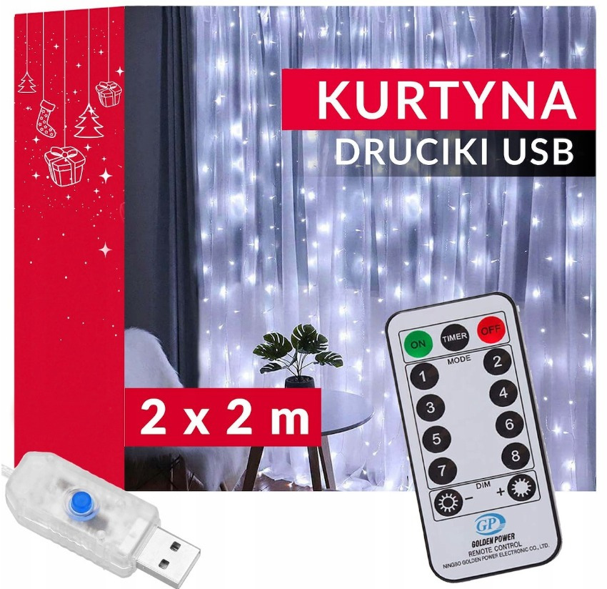 

Kurtyna 200 Led Druciki 2x2m Biały Zimny 200L Usb