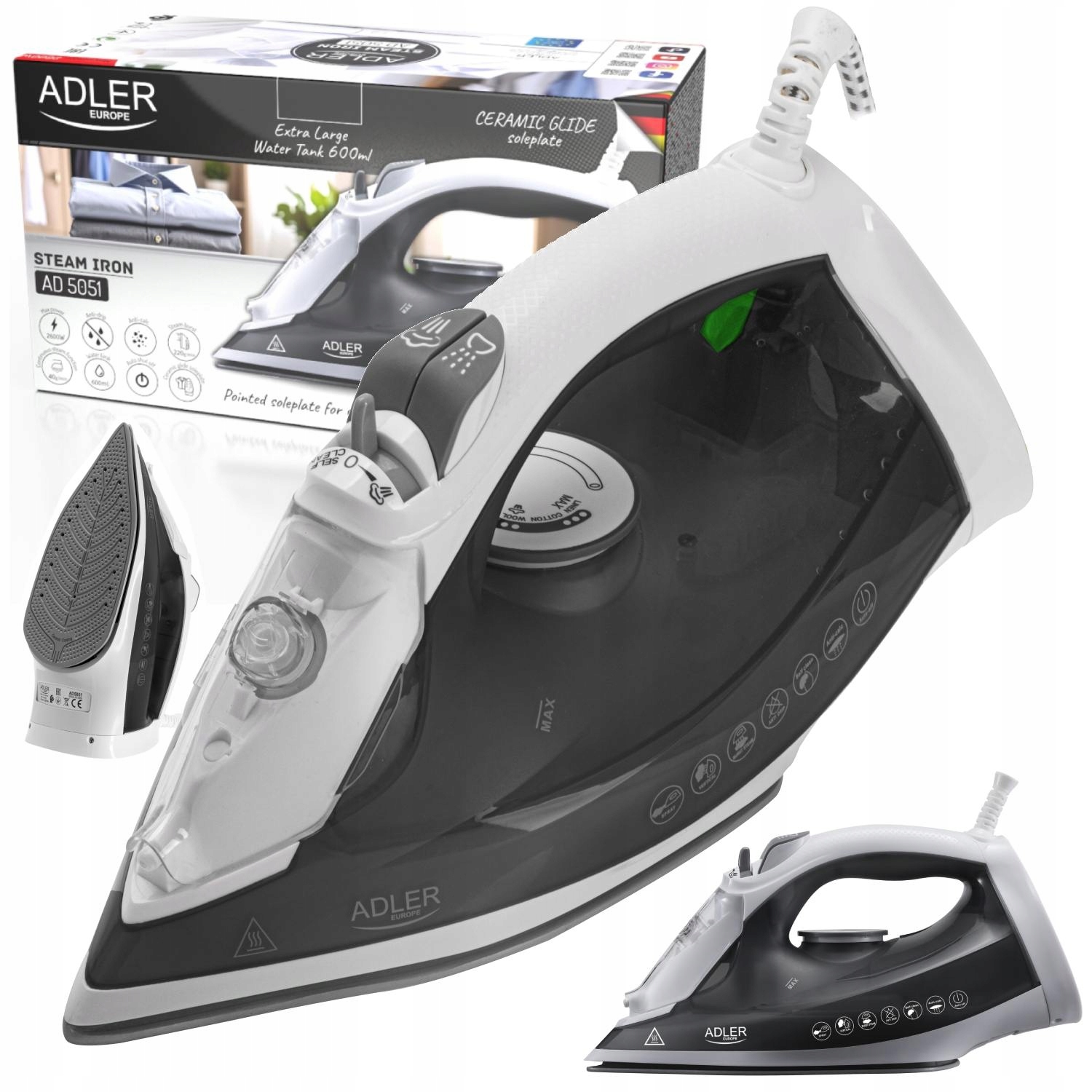 Žehlička Adler 2600 W keramická žehlicí plocha a funkce nepřetržité páry 220 g/min