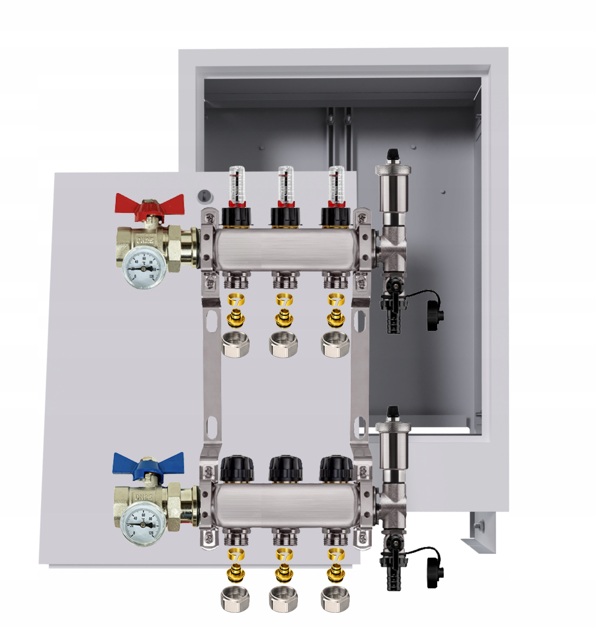 Rozdělovač nerezový Podlahovky 3 Obvody Podomítková skříňka Pex