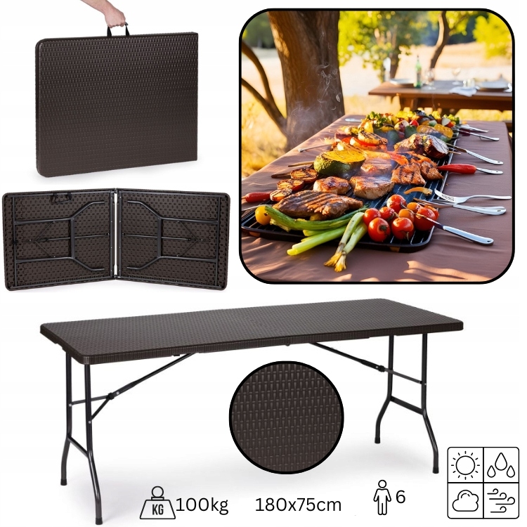 Stół Cateringowy Składany 180 cm Bankietowy Ogrodowy Ratanowy BrioGarden