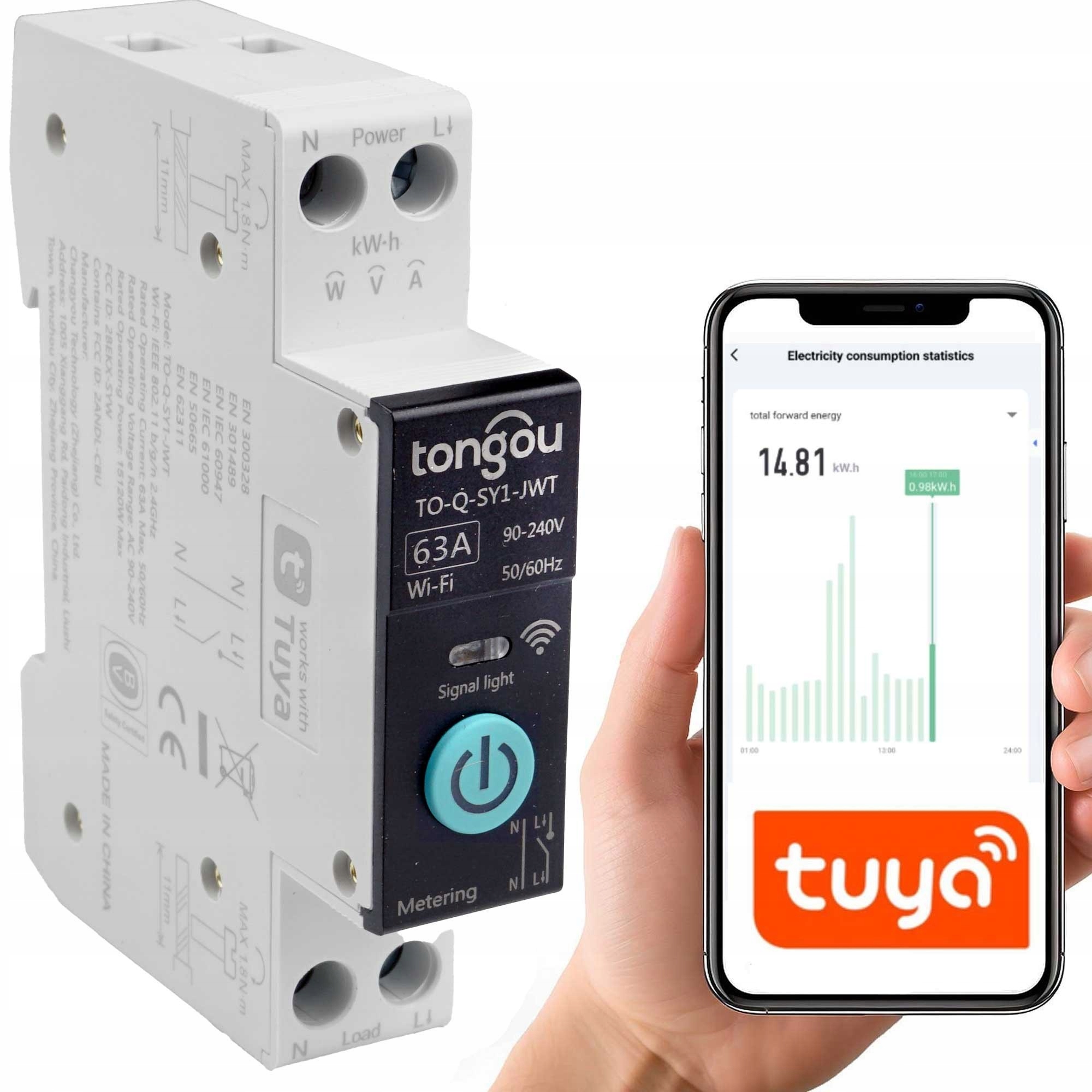 WiFi relé 63A na Din lištu, měření energie, plánovač Tuya