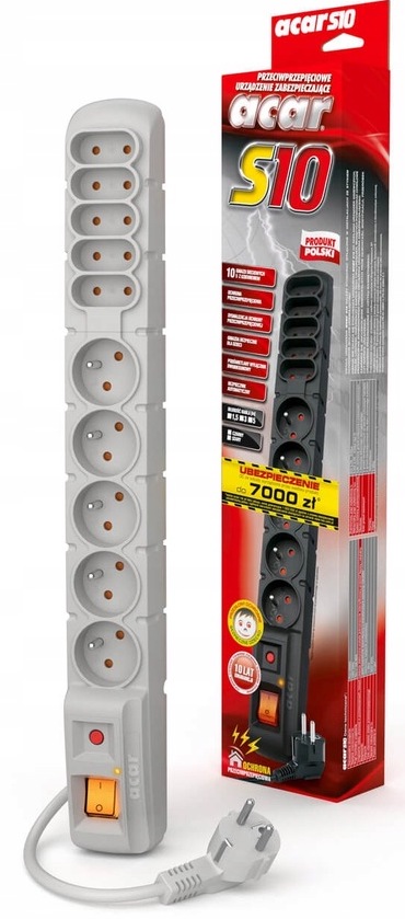 Acar S10 Przedłużacz Listwa Zasilająca Antyprzepięciowa 10 Gniazd 5m