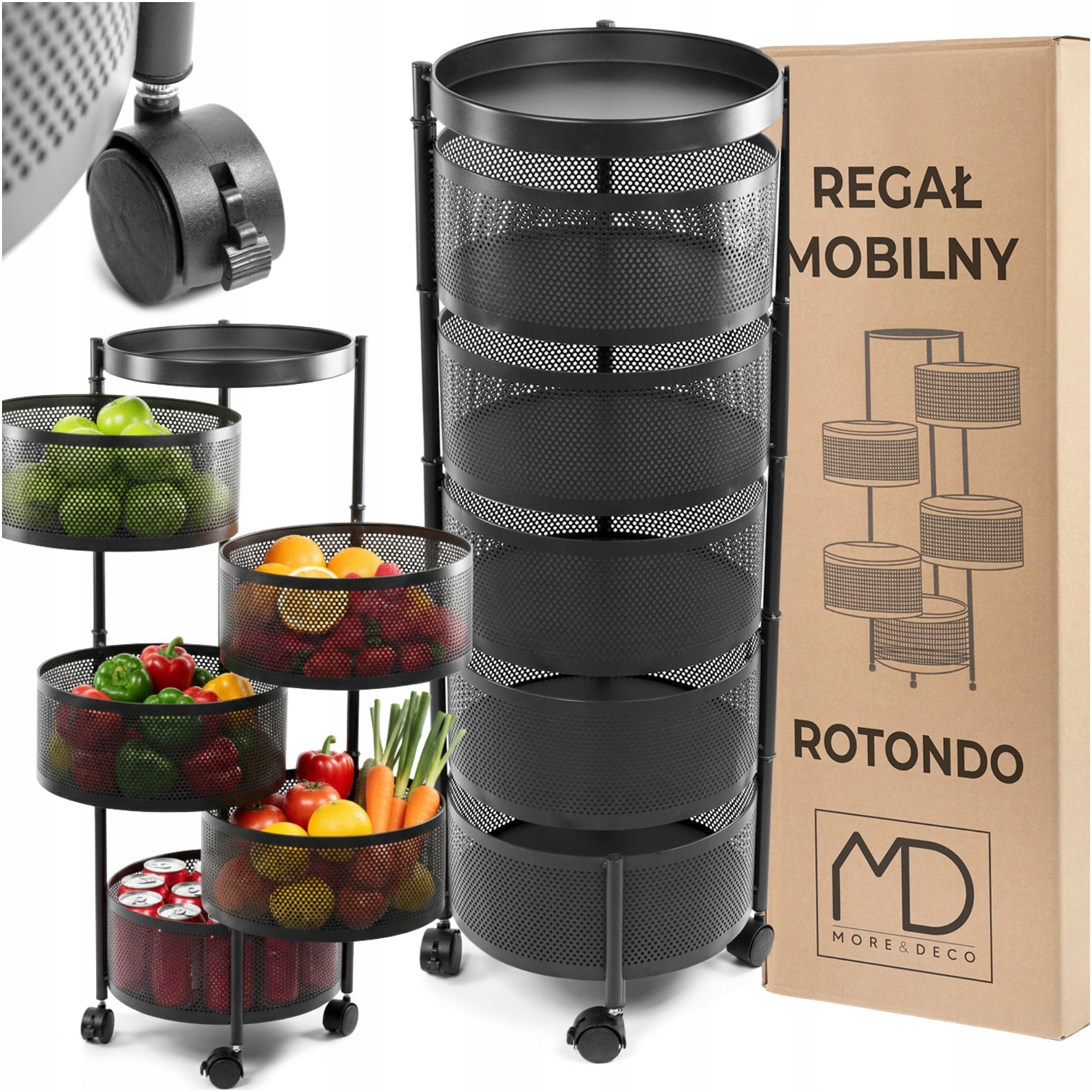 Mobilní regál 90 cm, kuchyňský stolek na kolečkách, 5 košů, zelenina, ovoce, vozík