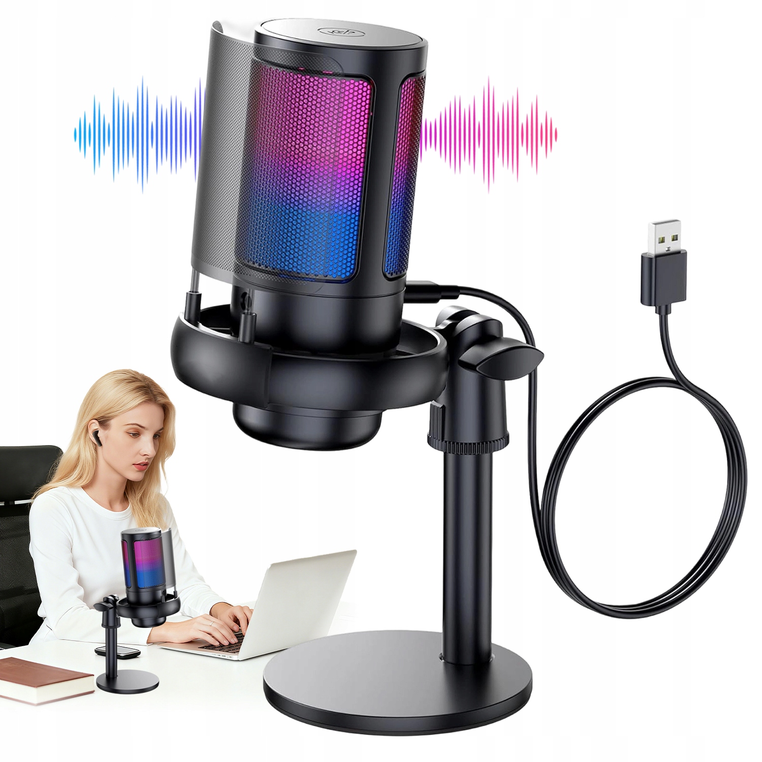 Usb Mikrofon S Rgb Kardioidním Podsvícením, Velká Membrána, Ocelová Základna