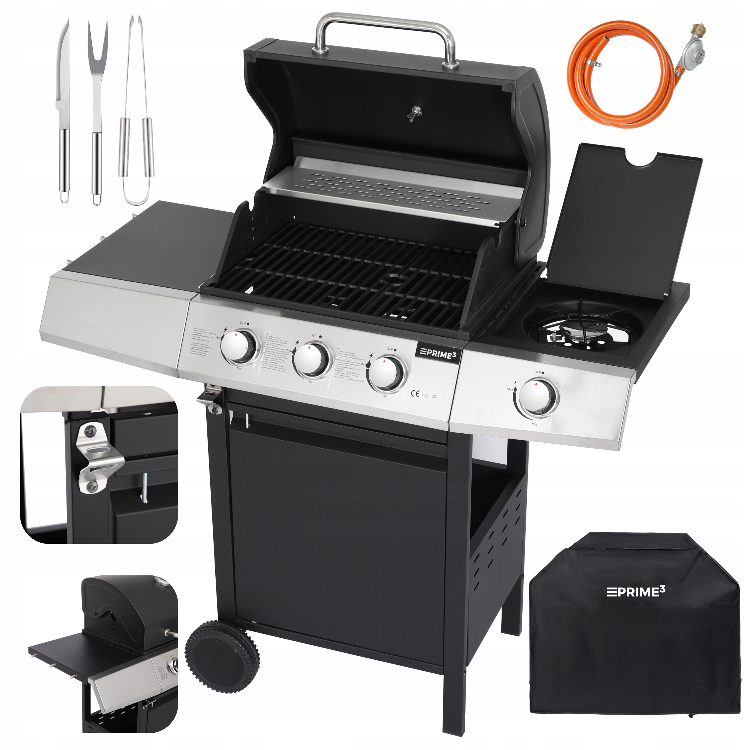 Grill Gazowy Ogrodowy 3+1 Żeliwny Ruszt Pokrowiec Zestaw PRIME3 GGG32