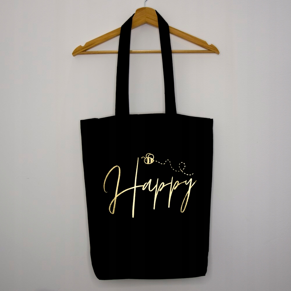 TORBA na zakupy BAWEŁNIANA czarna z dnem uchwyt na ramię ZŁOTA folia FLEX Kod producenta HAPPY