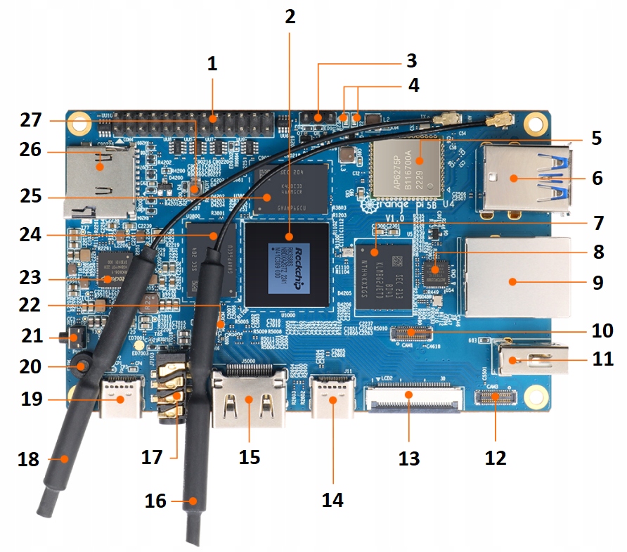 Mikrokomputer Orange Pi 5B 4GB HDMI 8K DDR4 USB C RK3588S + 32GB eMMC Flash Model inny