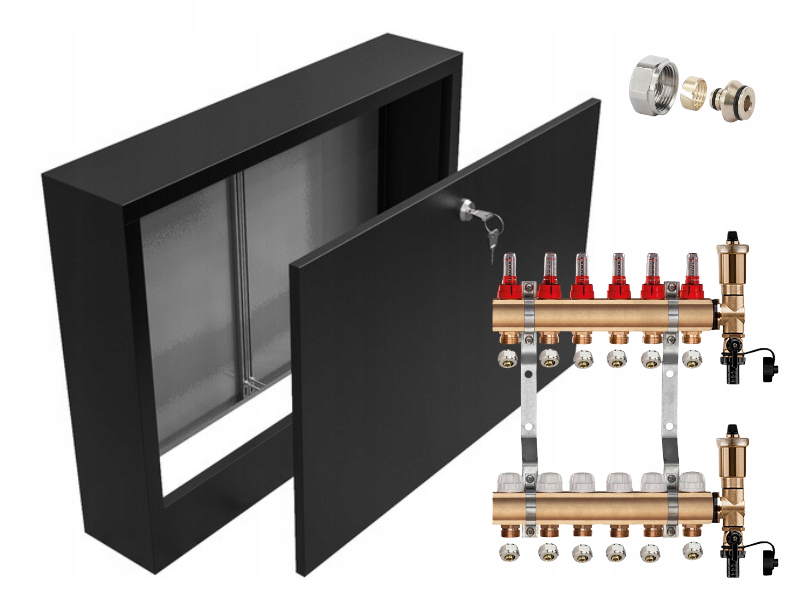 Mosazný Rozdělovač 6 Sekcí Pex Spojky Nástěnná Skříňka Černá