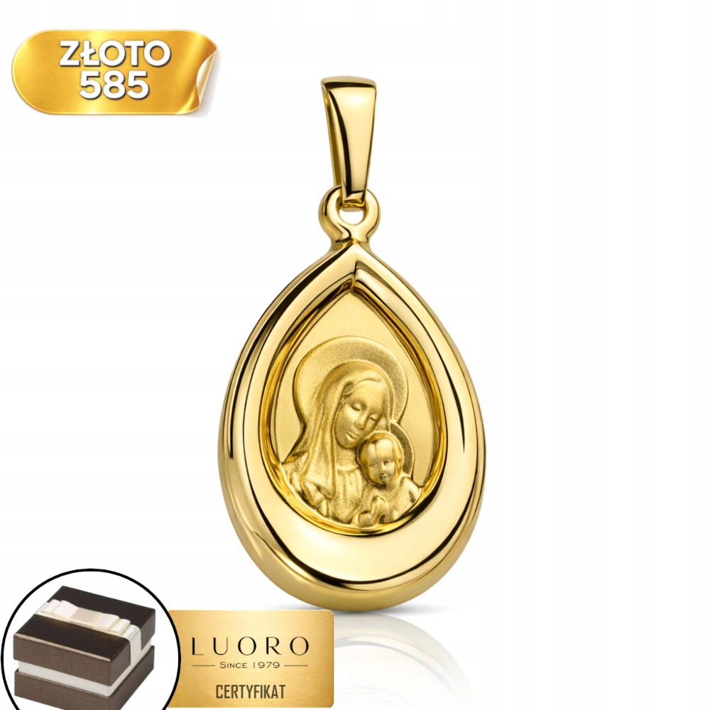 Zlatý Medailon 585 14K Matka Boží S Ježíšem Slza 27 MM Elegantní