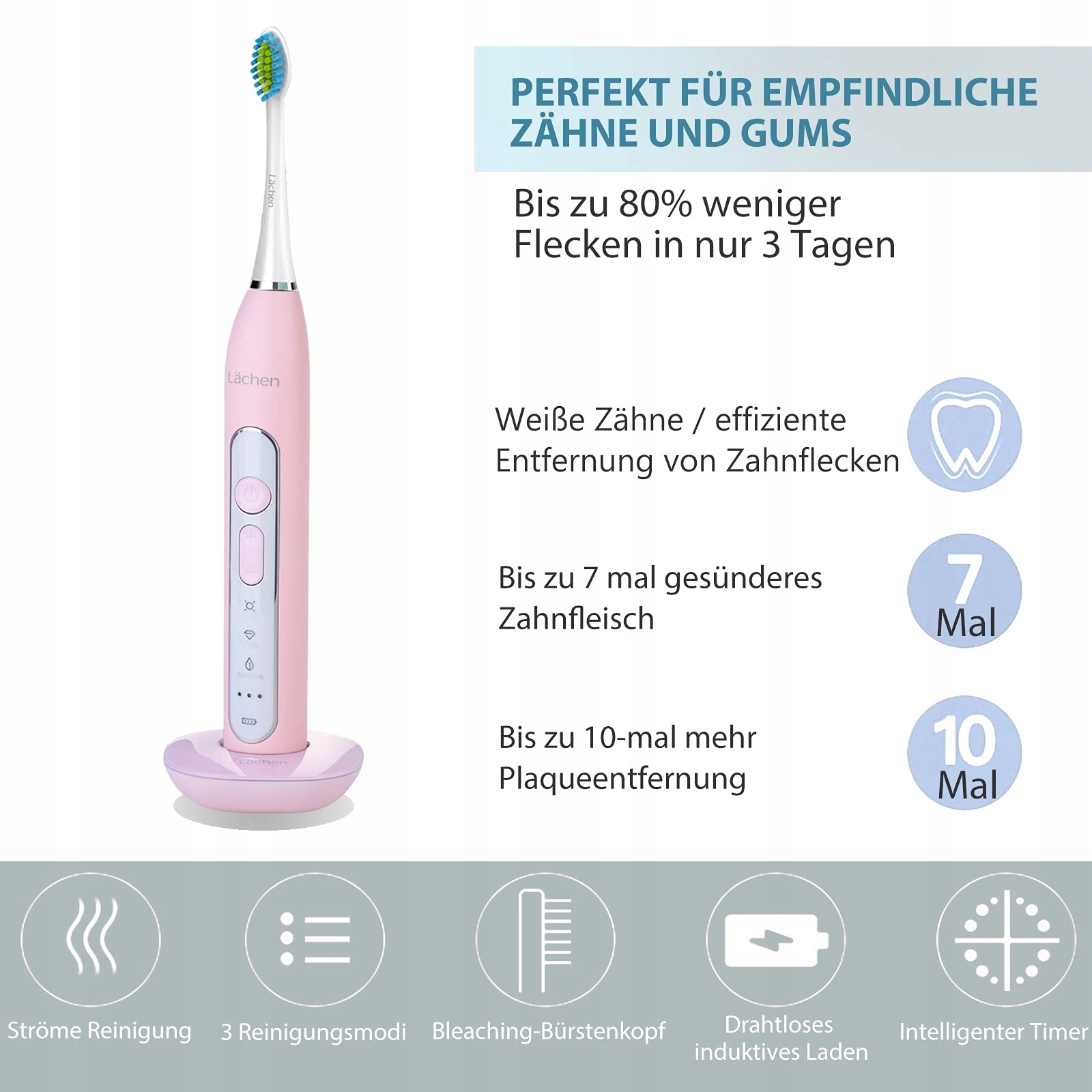 LÄCHEN Szczoteczka Soniczna Elektryczna 4 Końcówki Timer 3 Tryby Różowa — miniatura 4