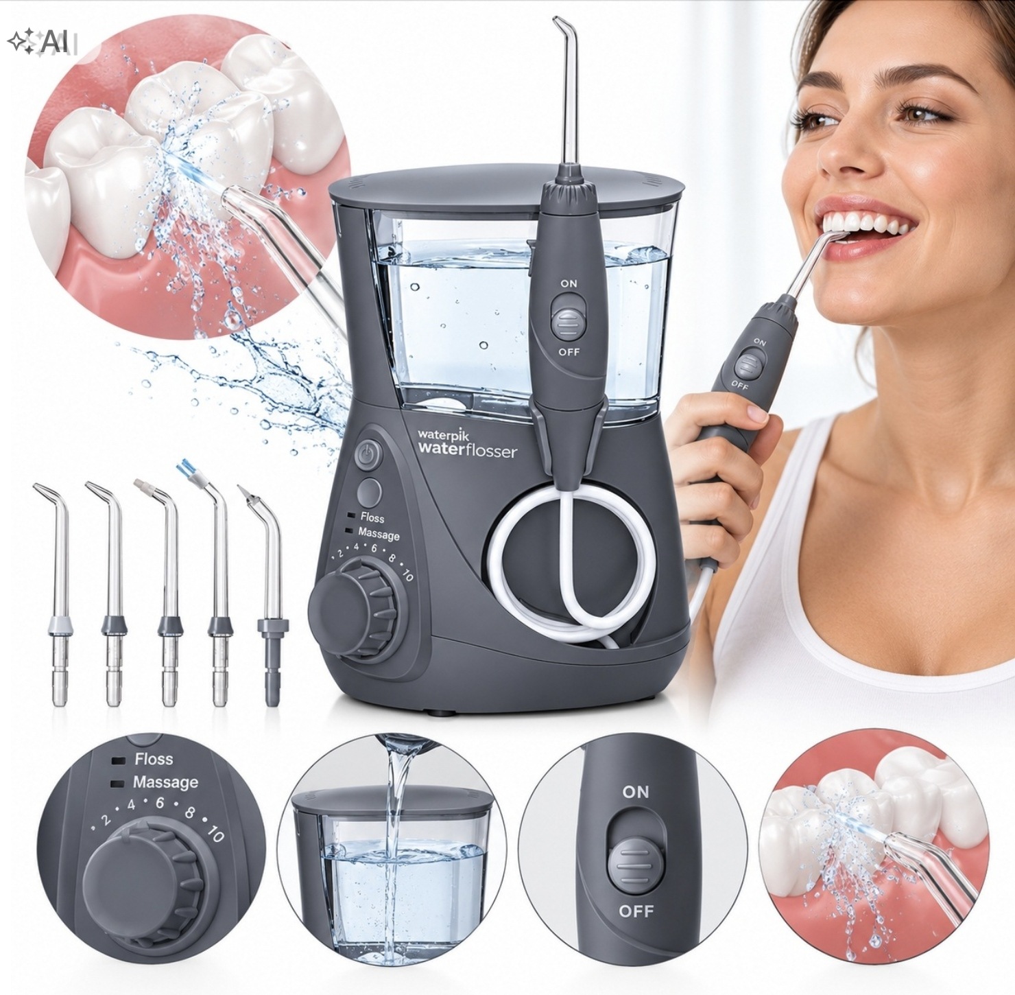Irygator Waterpik stacjonarny 650 ml Zestaw Koncowek