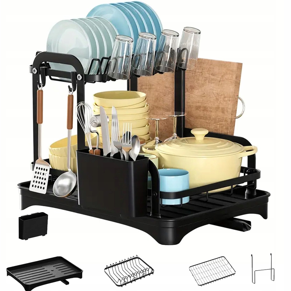 Levně Dvouúrovňová Odkapávač Na Nádobí Velká Sušička S Podnosem 40*30*32 CM Černá