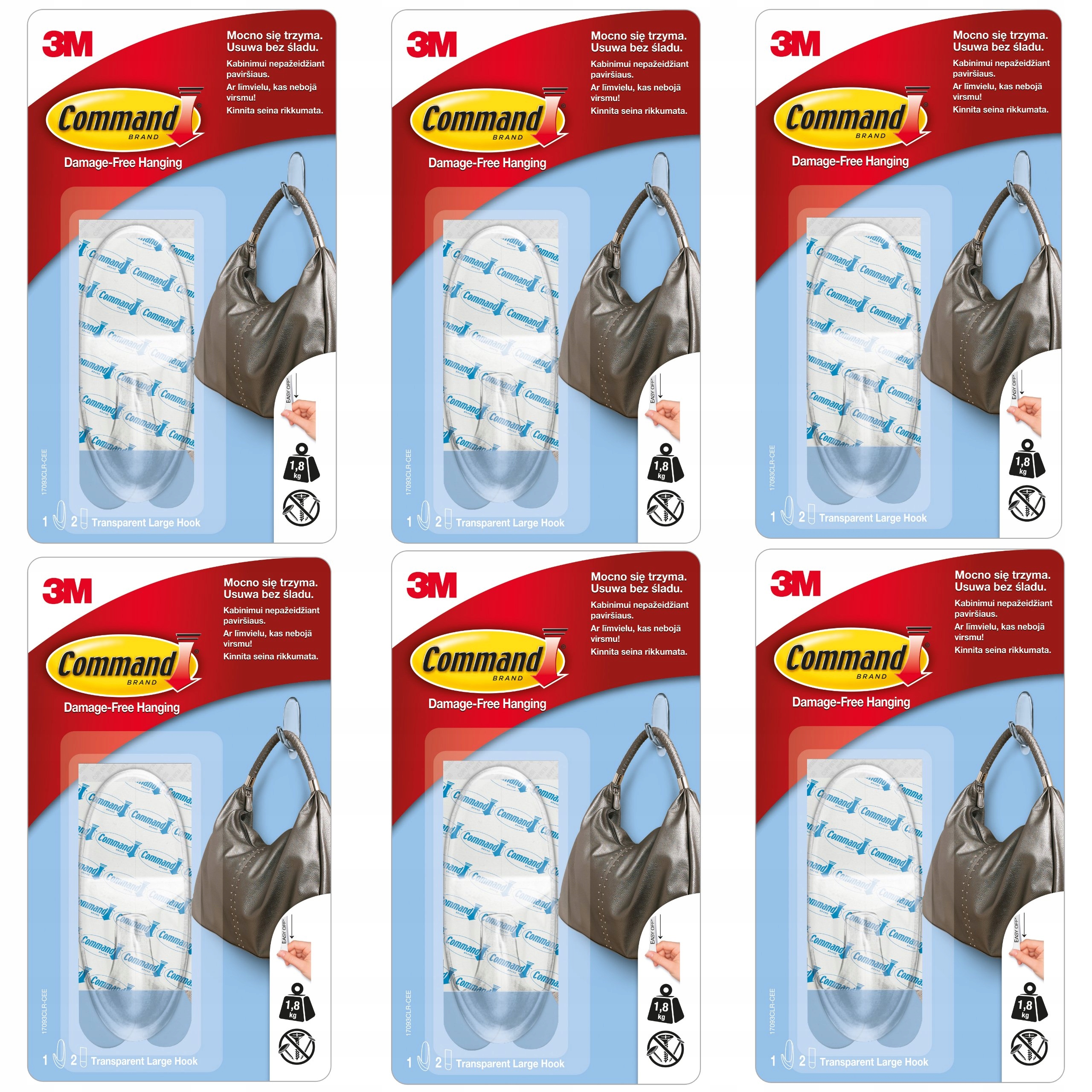 Samolepící háčky Command Průhledné, velké, sada 6 ks, bez vrtání
