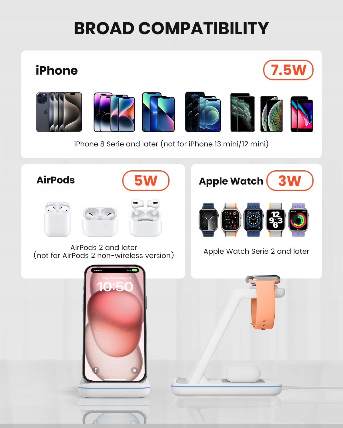 GEEKERA Ładowarka Bezprzewodowa 3w1 iPhone Apple Watch AirPods Biała — miniatura 2