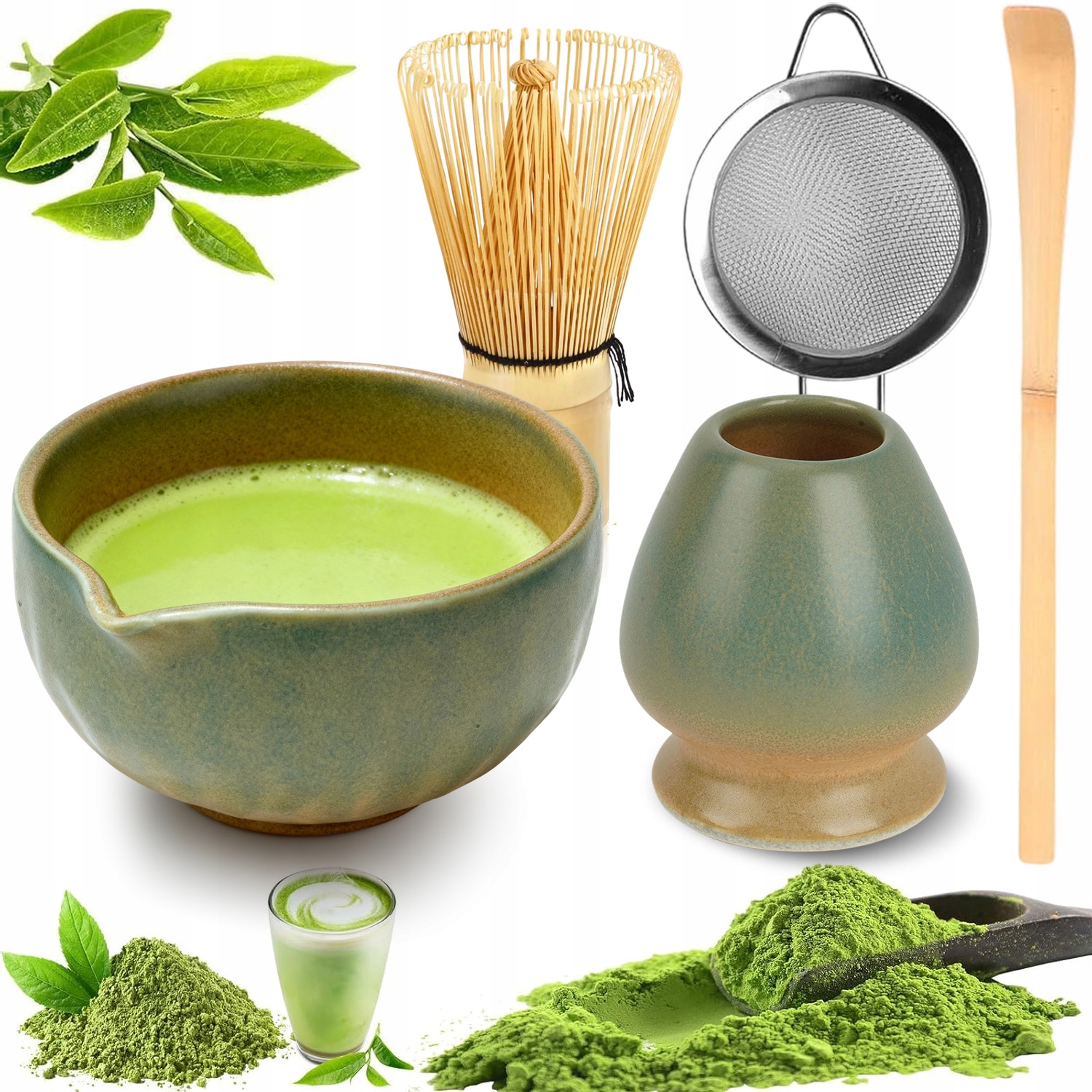 Levně Dárková Sada Na Matcha Čaj 5DÍLNÁ Sada Podložka Lžička