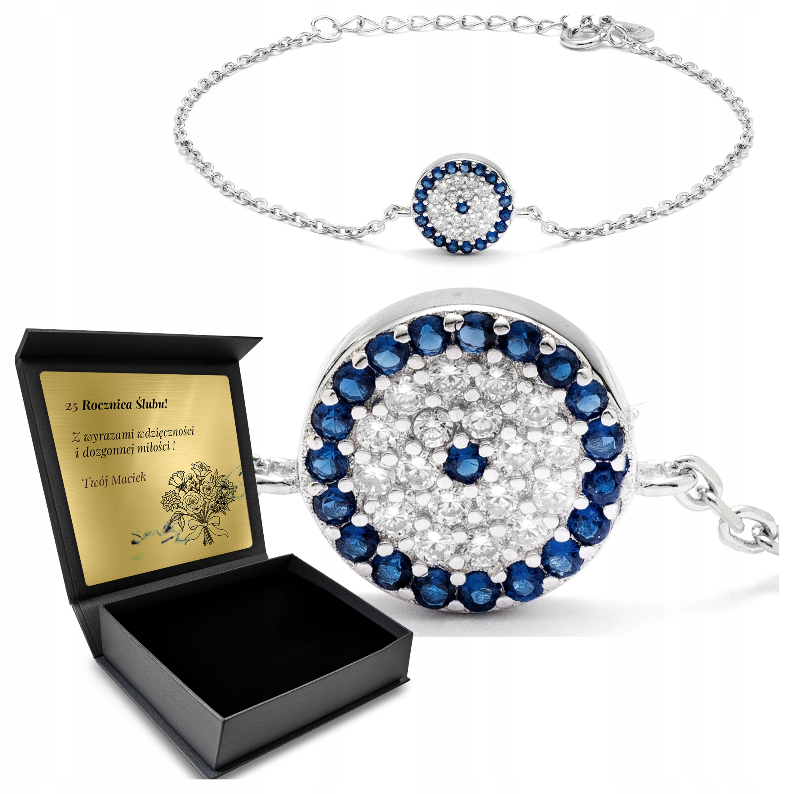 Turecký stříbrný náramek s kubickými zirkony, oko proroka, talisman, Gravírování Bonus