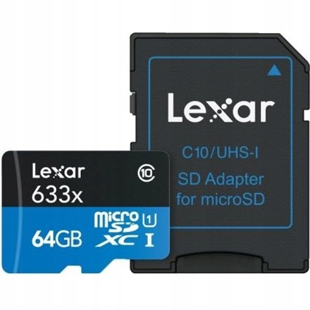 Lexar 64GB High-Performance 633x microSDHC Uhs-i, do 100MB/s odczytu 20MB/s