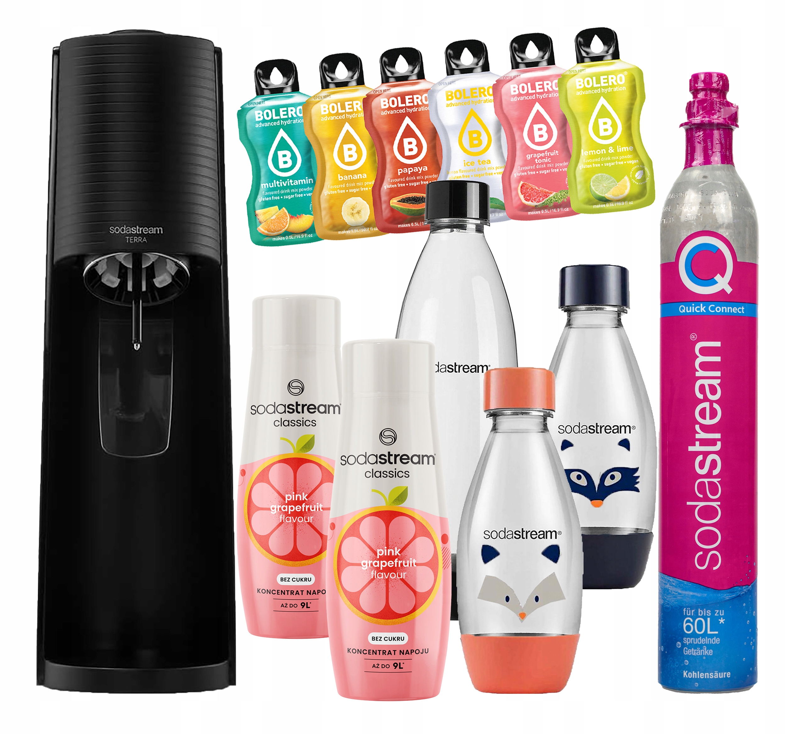 Sodastream Terra Výrobník Sody Náplň Láhve Fuse sirupy a Bolero sáčky