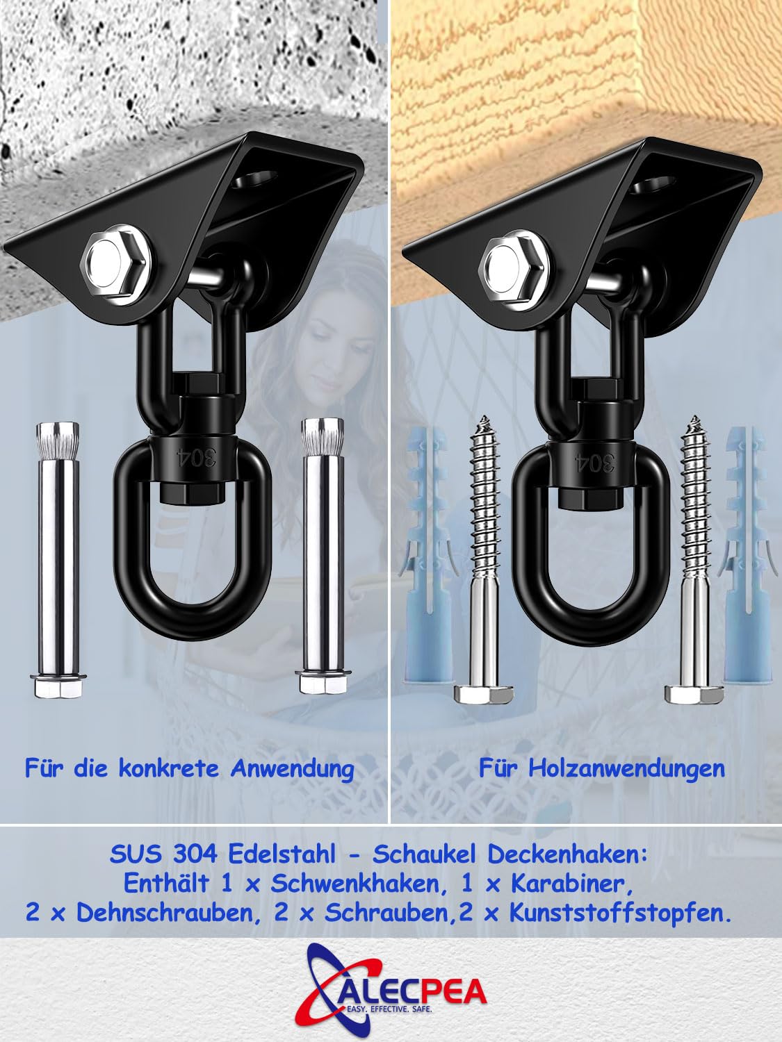 ALECPEA Hak Sufitowy Stalowy 450kg Fotel Wiszący Obrót 360 Stopni — miniatura 3
