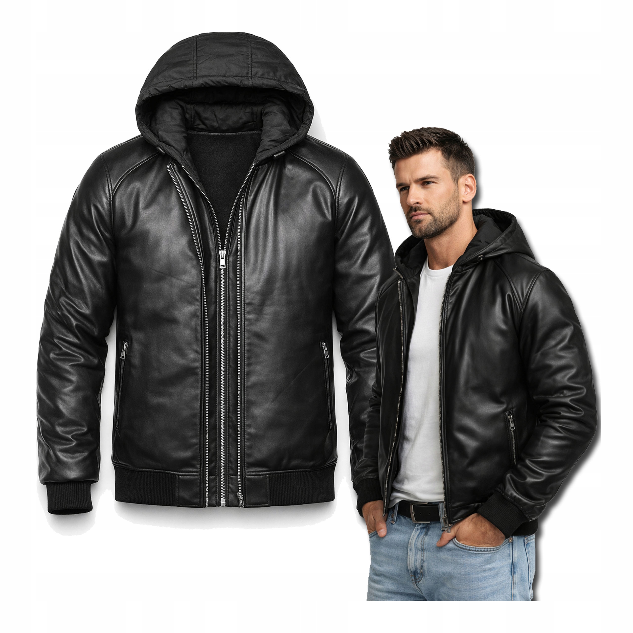Pánská kožená bunda s odnímatelnou kapucí, černá, M