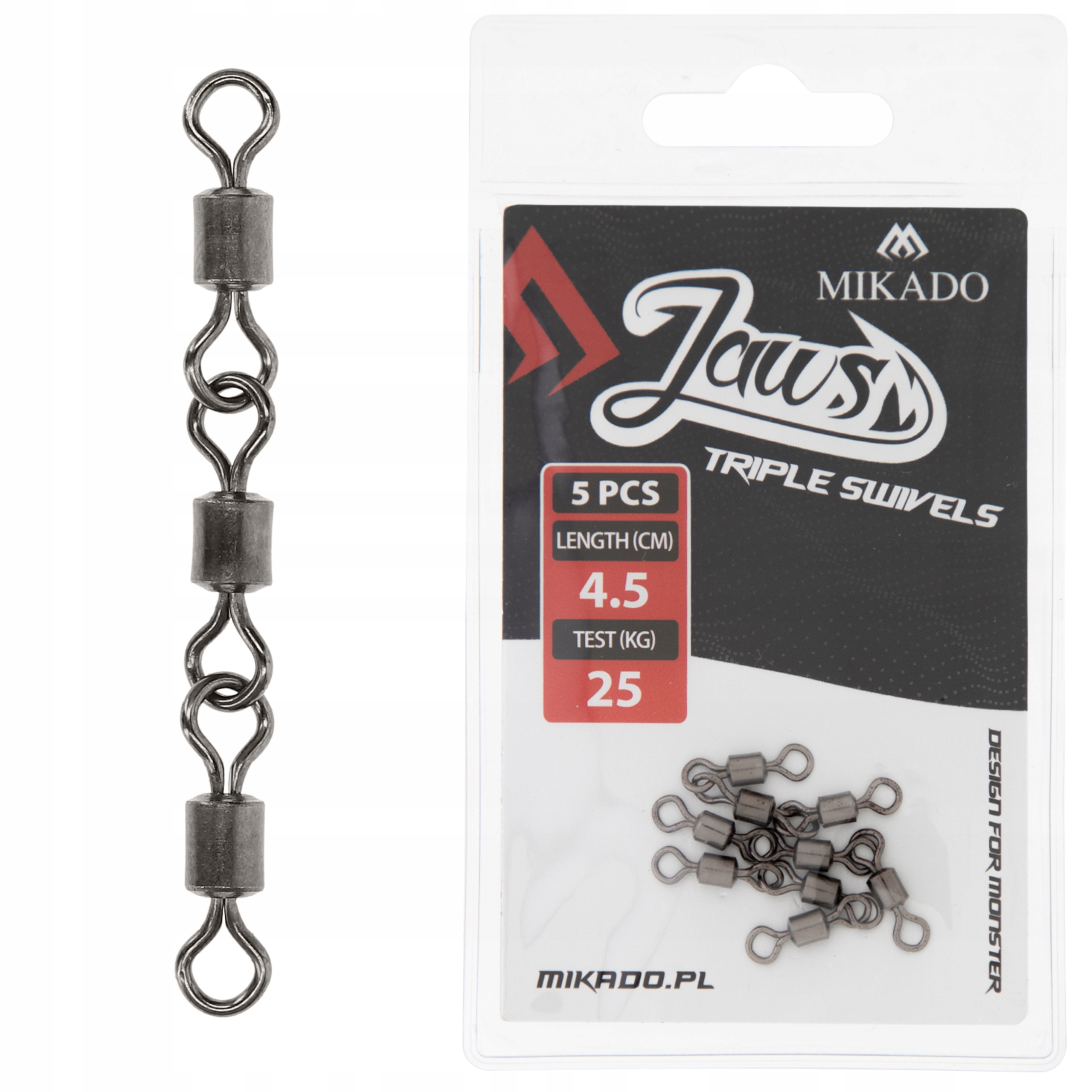 5x Krętlik potrójny do dozbrojek Mikado Jaws Triple Swivels 25kg 4,5cm