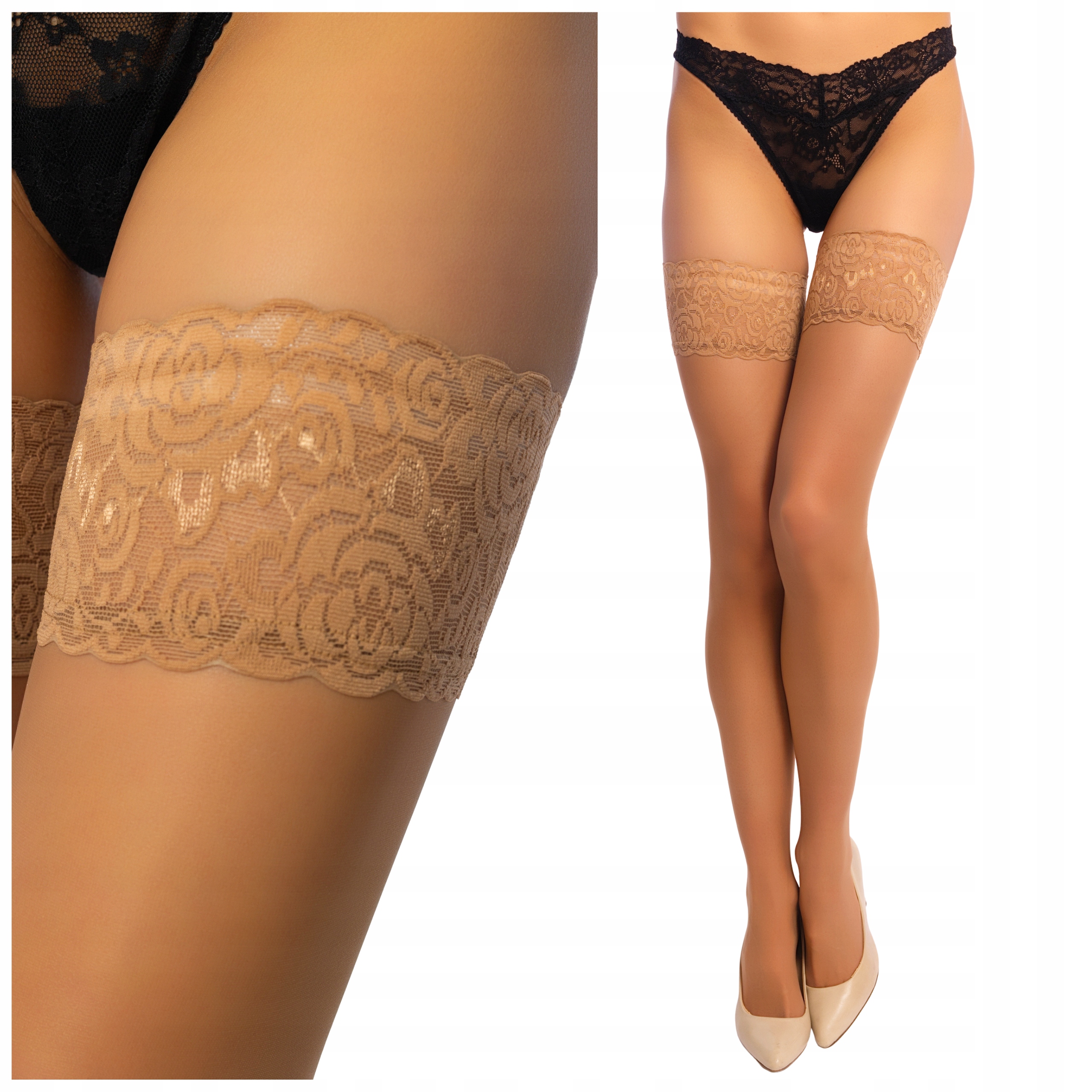 POŃCZOCHY SAMONOŚNE GŁADKIE MATOWE 20 DEN KORONKOWE WŁOSKIE BEŻOWE