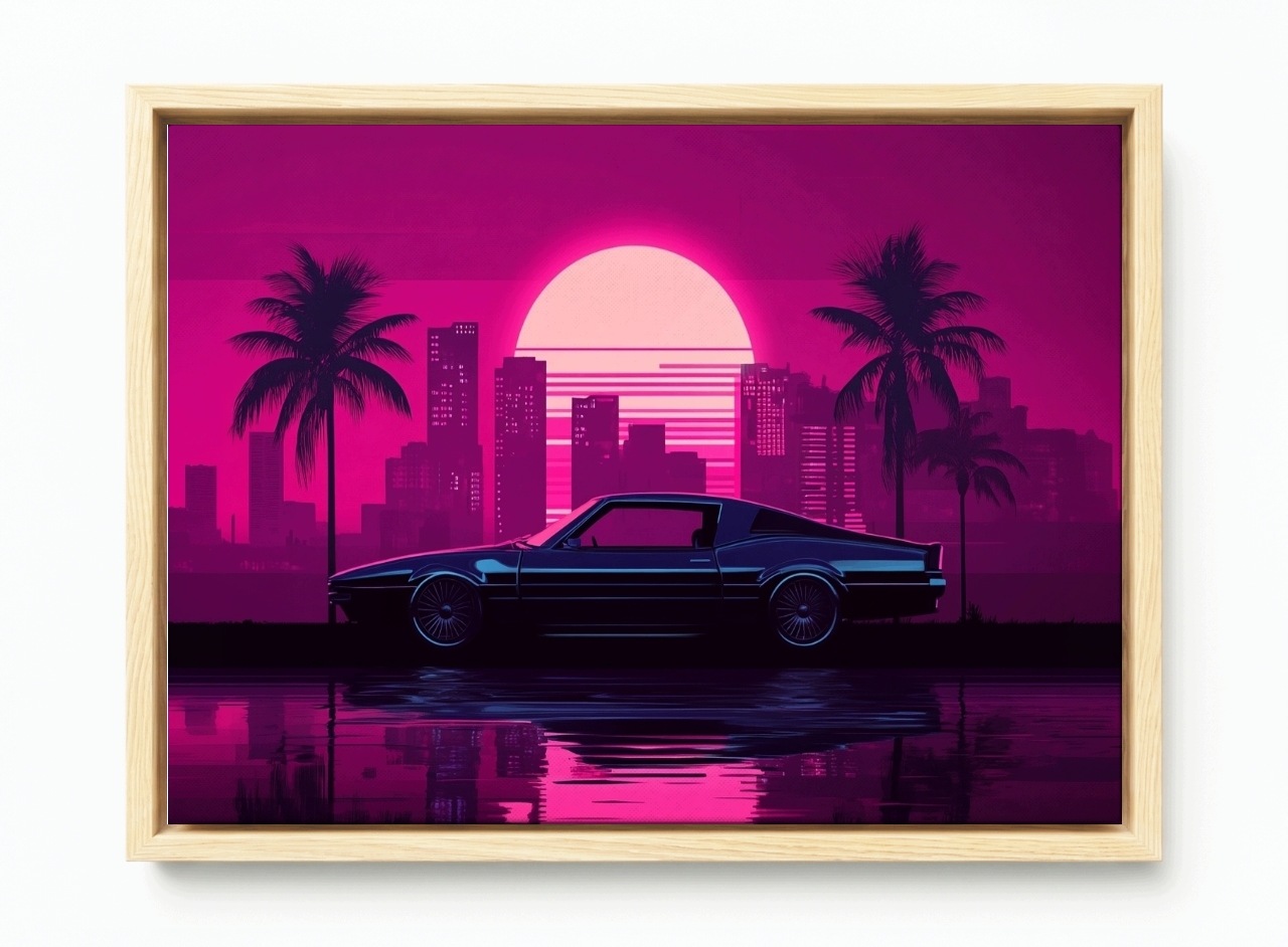 Obraz Rám American Box Grafika Synthwave Auto Slunce Miami Vice 60x40