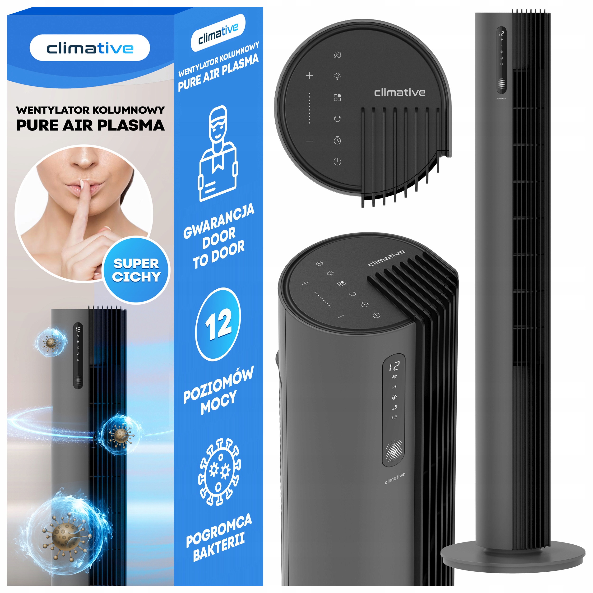 Tichý sloupový ventilátor s 12 rychlostmi, Pure Plasma Ionizace, dálkové ovládání, XXL