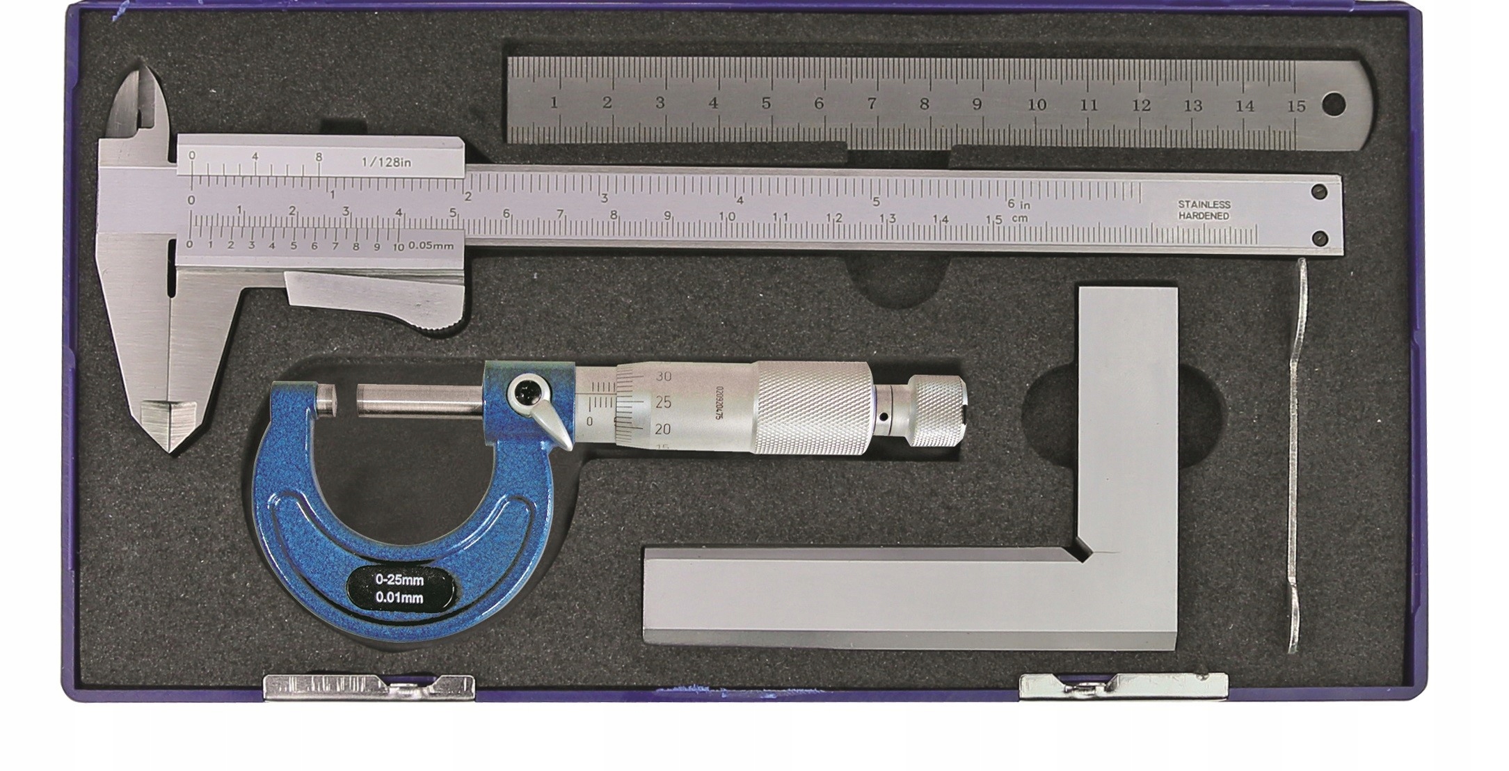 Mikrometr 0-25 Úhelník 100 x 70 Posuvník 150 x 40 Linka 150 Set