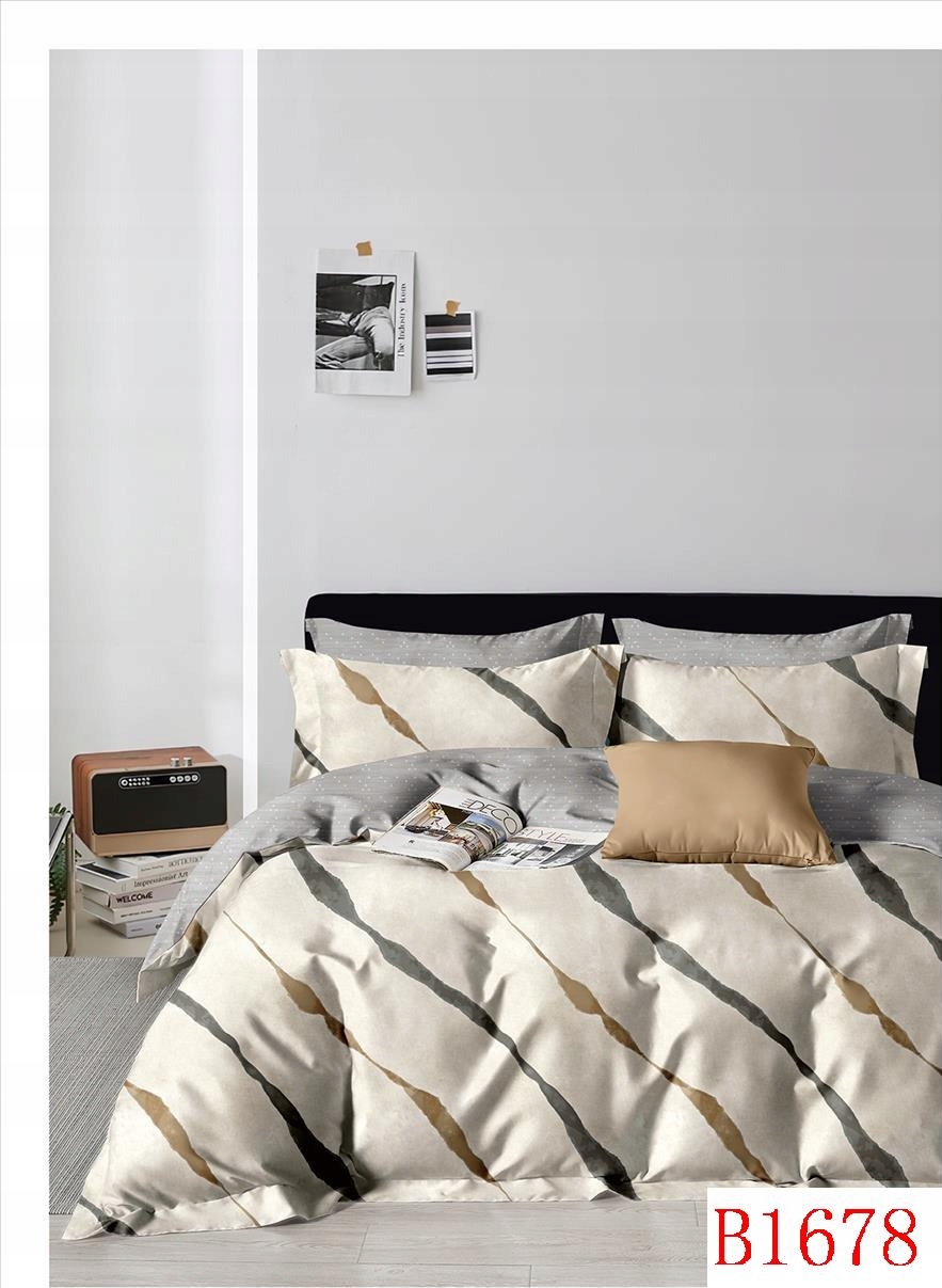 Komplet pościeli 100% bawełna Mengtianzi B-1678 beż pasy popiel 200x220 3el