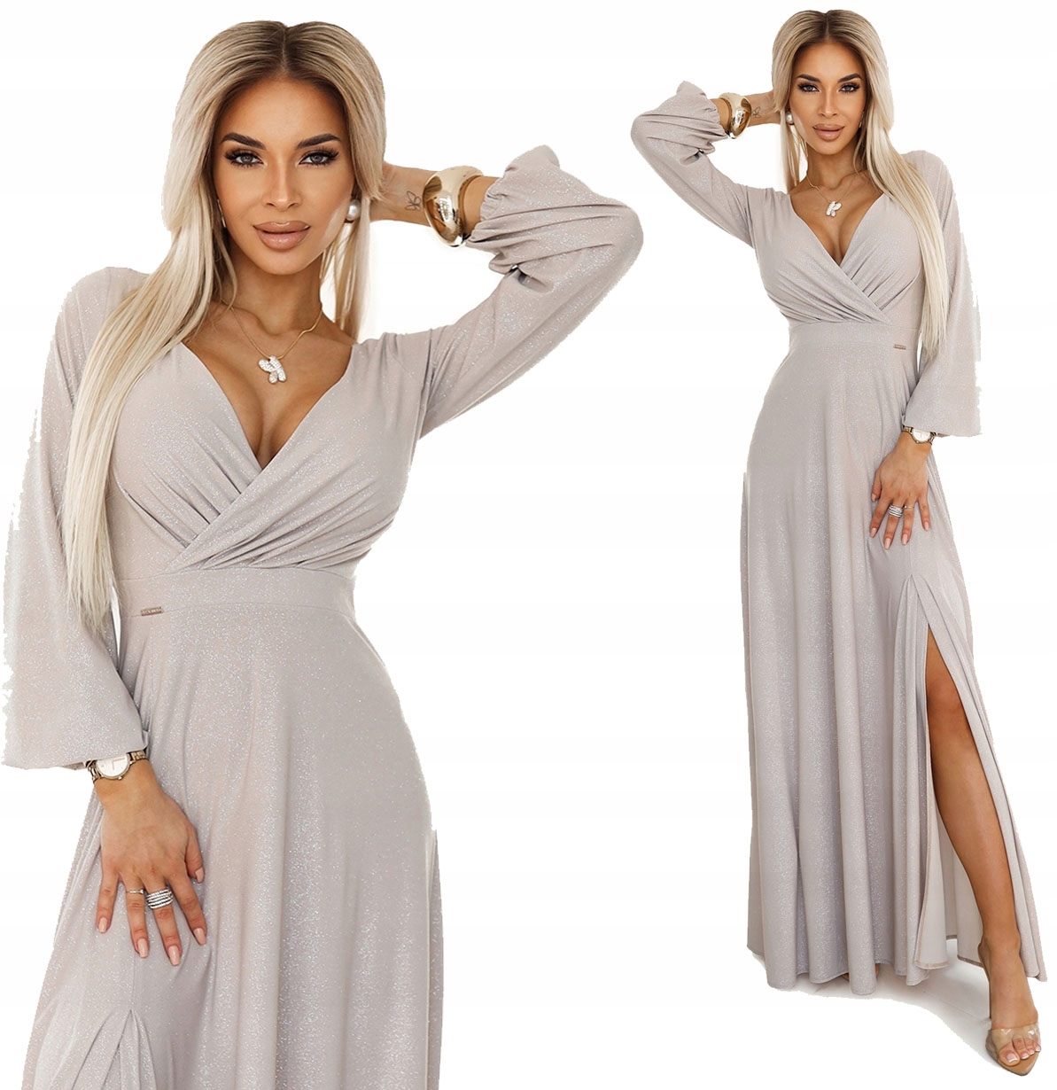 Nádherná Dlouhá Sukně S Hlubokým Výstřihem A Dlouhým Rukávem Béžová XL