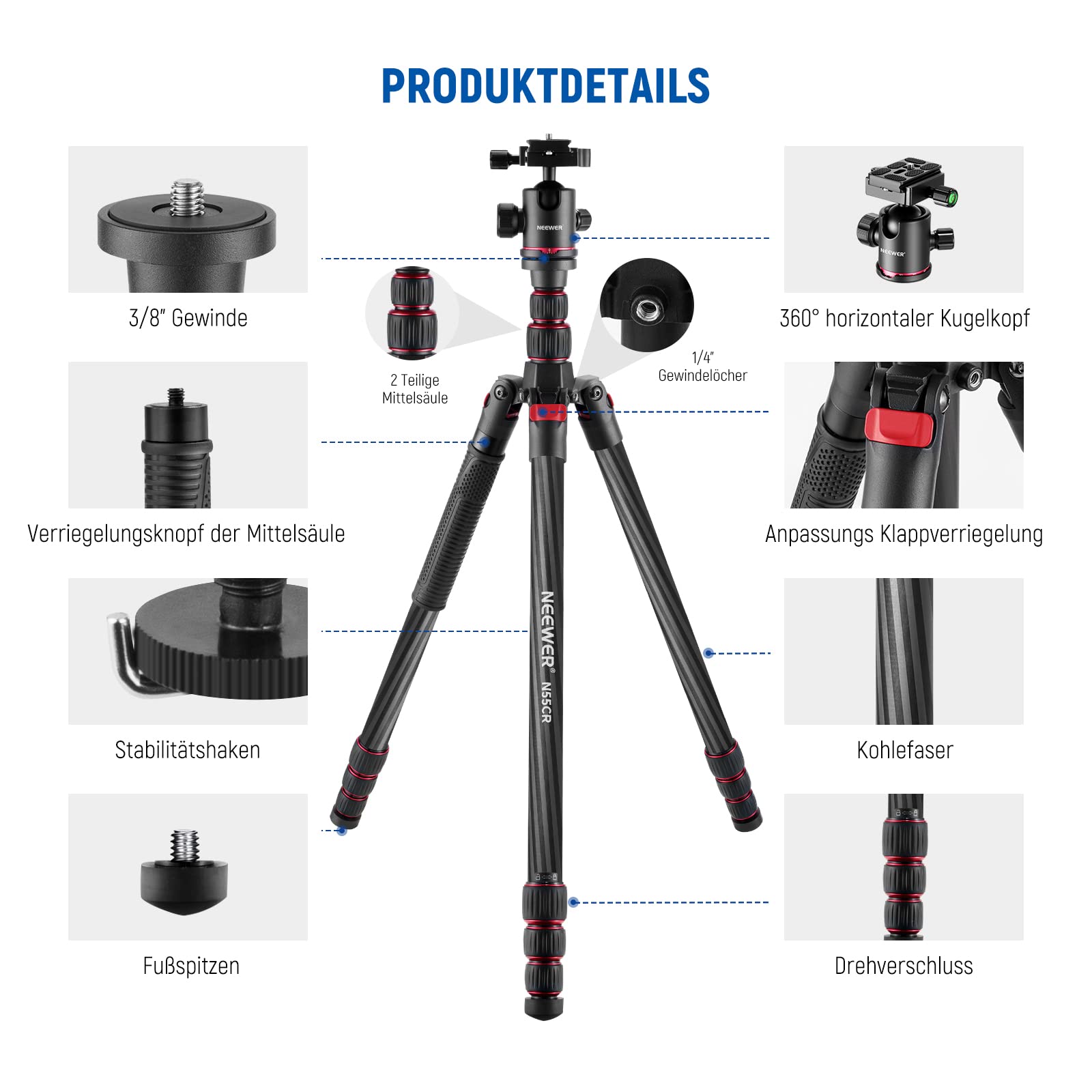 NEEWER Statyw Podróżny Z Włókna Węglowego 360° Głowica Kulowa Monopod — miniatura 8