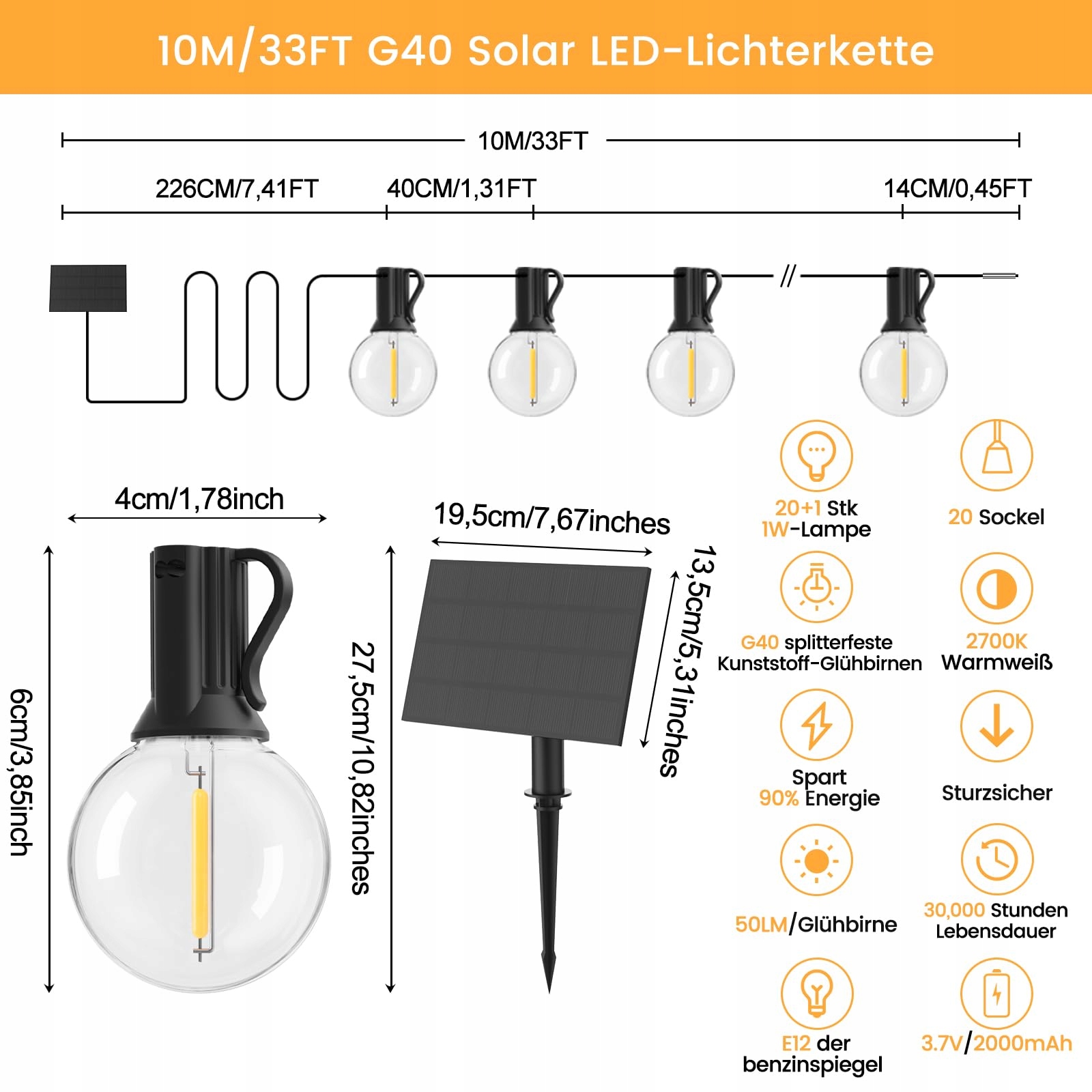POGESTRAND Girlanda Solarna Zewnętrzna G40 10M USB Solarna 20 Żarówek IP65 — miniatura 2
