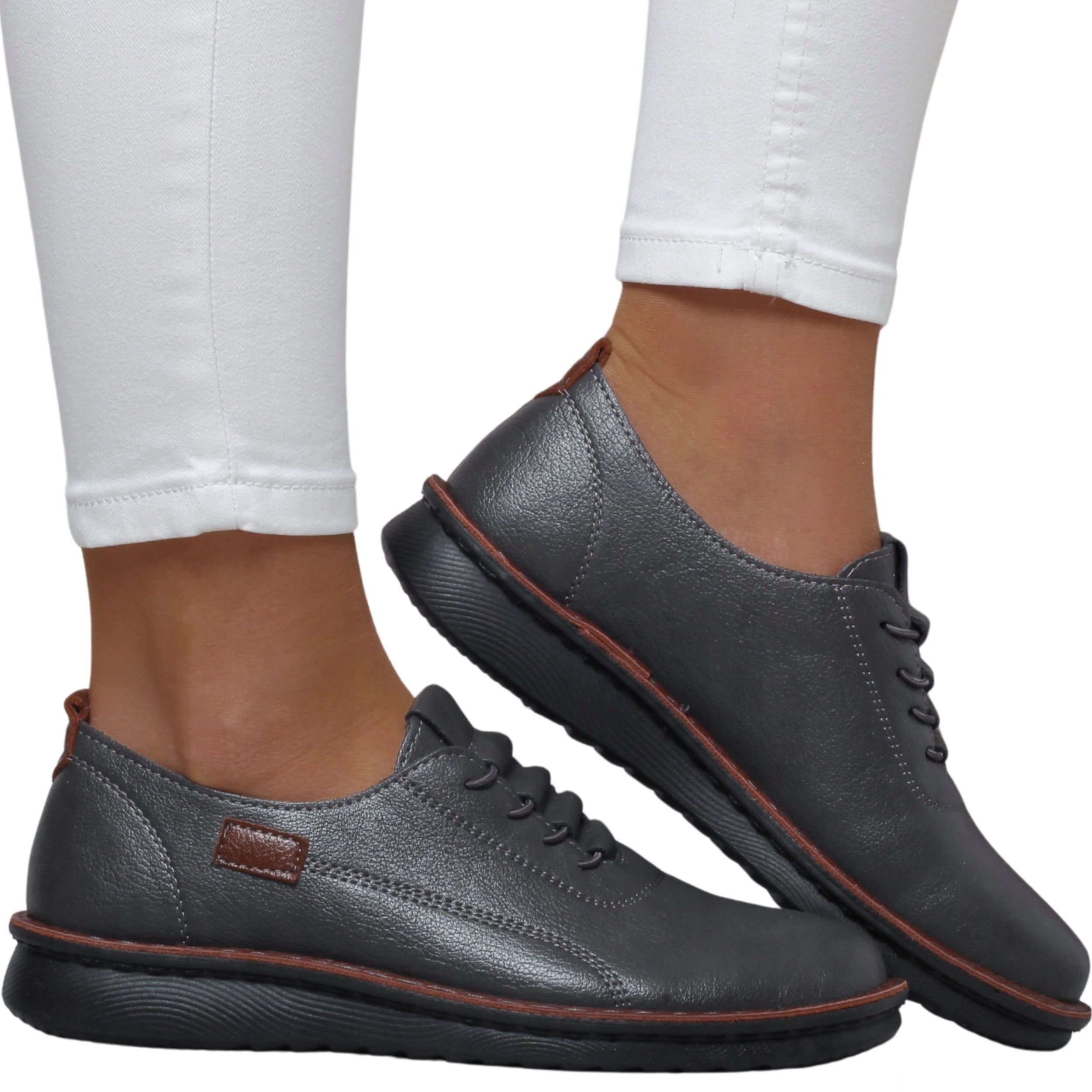 Szare Półbuty Damskie Sznurowane Lekkie Komfortowe Skórzane Casual