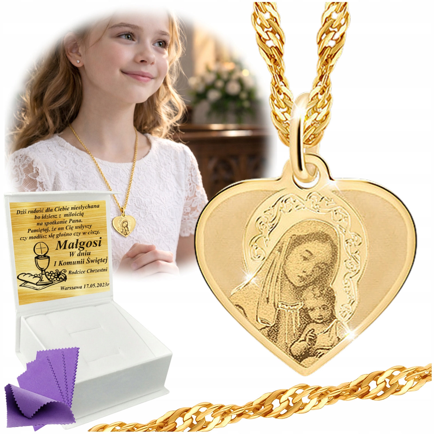 Złoty Łańcuszek z Medalikiem Matki Boskiej 585 Na Komunię Chrzest Grawer