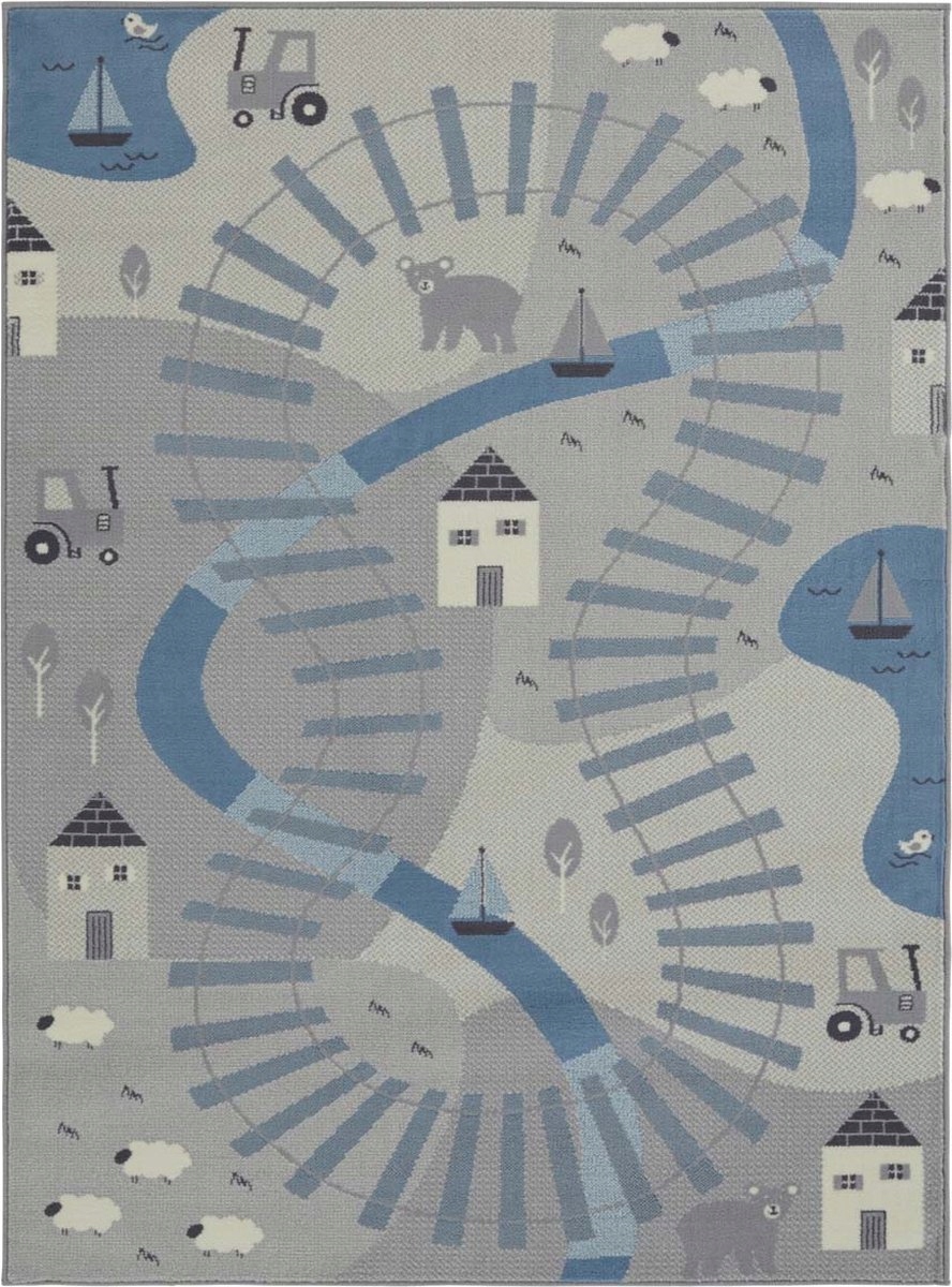 Mäkký, modrošedý detský koberec, vzor – dráha pre vlaky 120x170