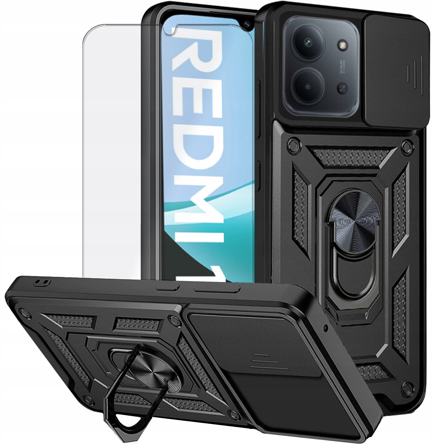 Etui Do Xiaomi Redmi 15C Pancerne Czarne Armor Holder Ring Szkło 9H