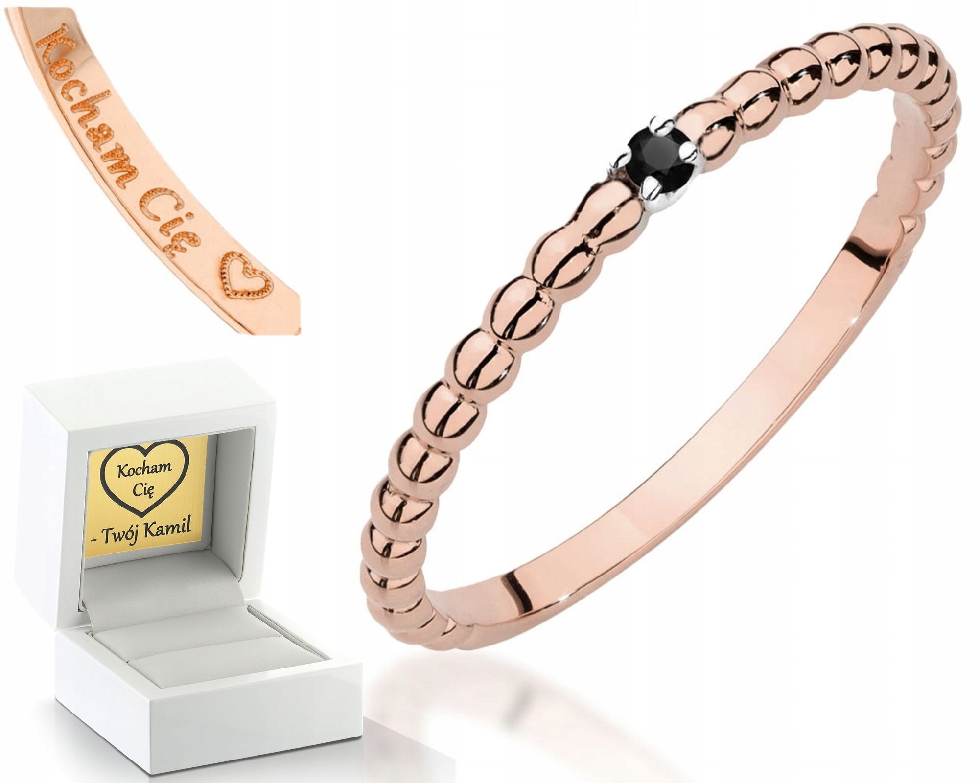 Prstýnek Prsten Z Růžového Zlata S Černým Diamantem Bonus Gravírování Gravírování