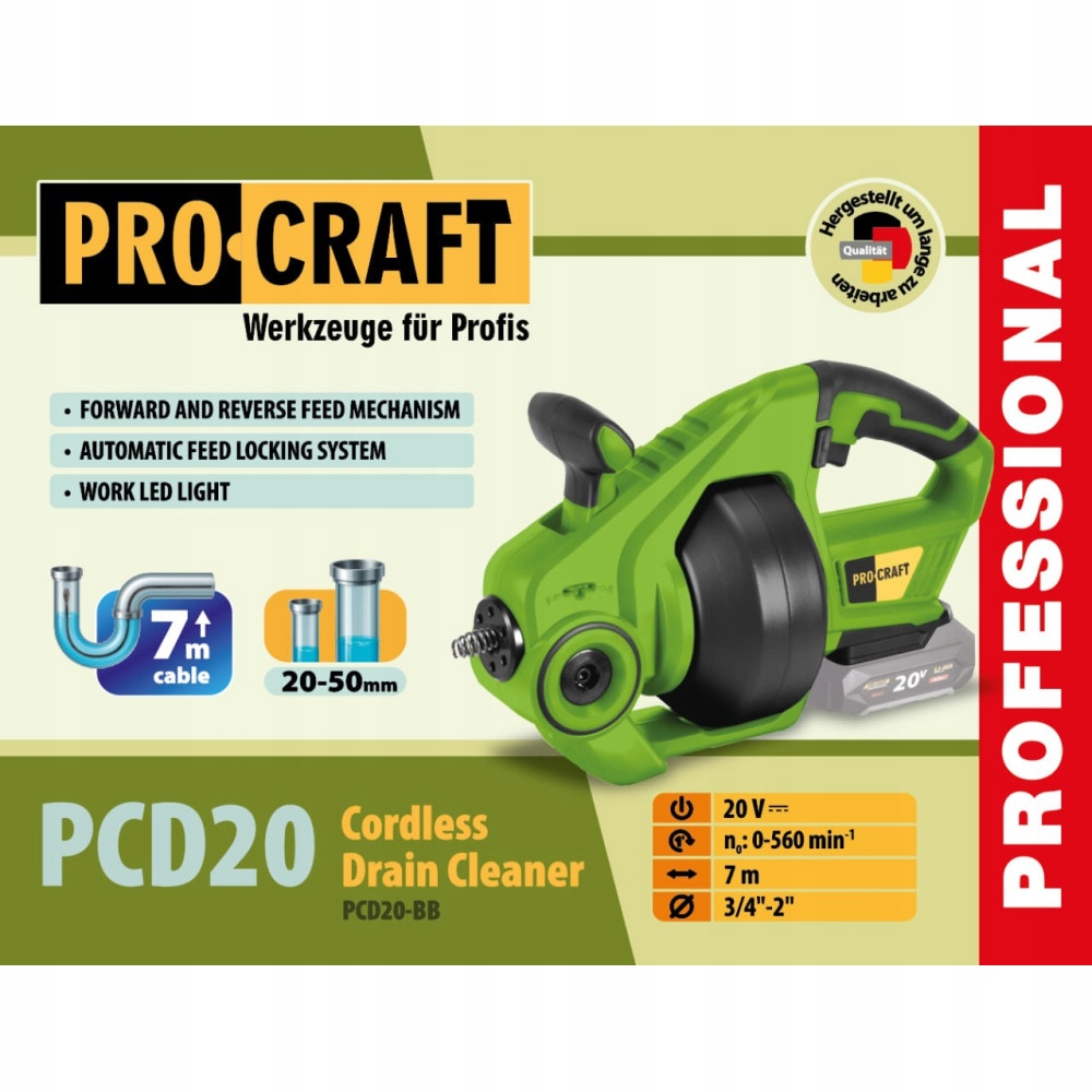 Akumulátorový pretláčač rúr Procraft PCD20bb Priemer rúr: 20-50 mm