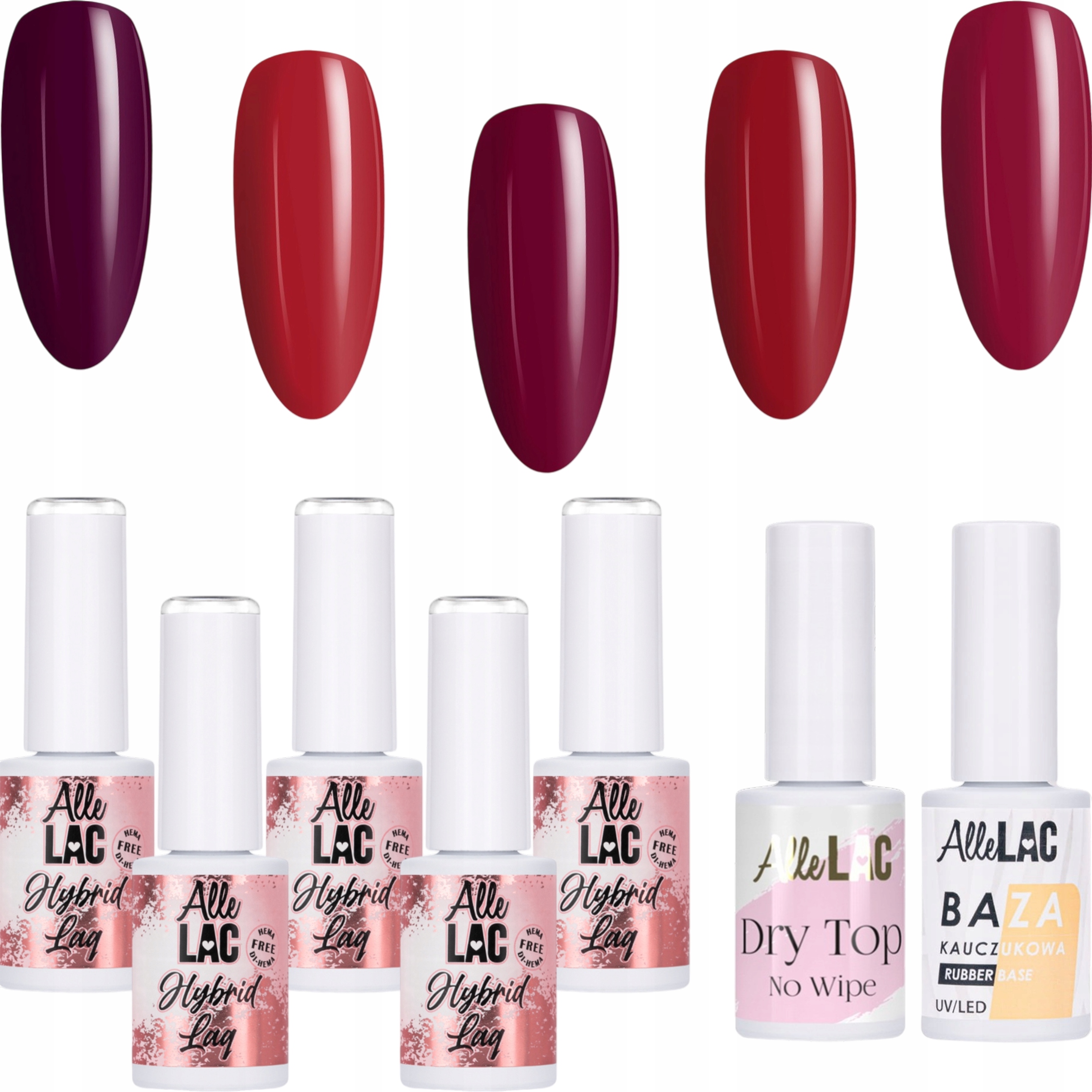 5x Hybridní lak Allelac 6 g Reds Červený Bordový Báze Top Set